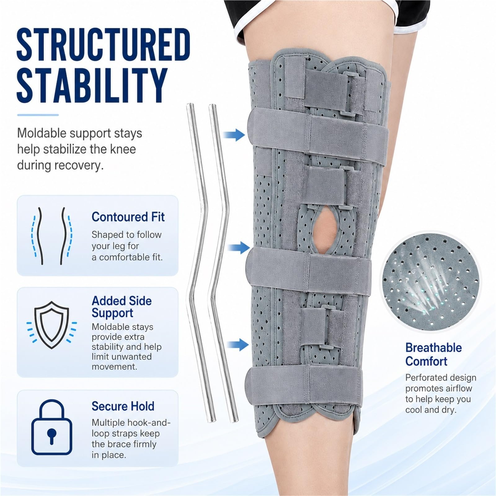 Inmovilizador de Rodilla y Férula de Pierna Completa para Recuperación Postoperatoria Estabilizador con Barras de Aluminio para Rotura de Menisco Ligamentos ACL MCL(2XL)