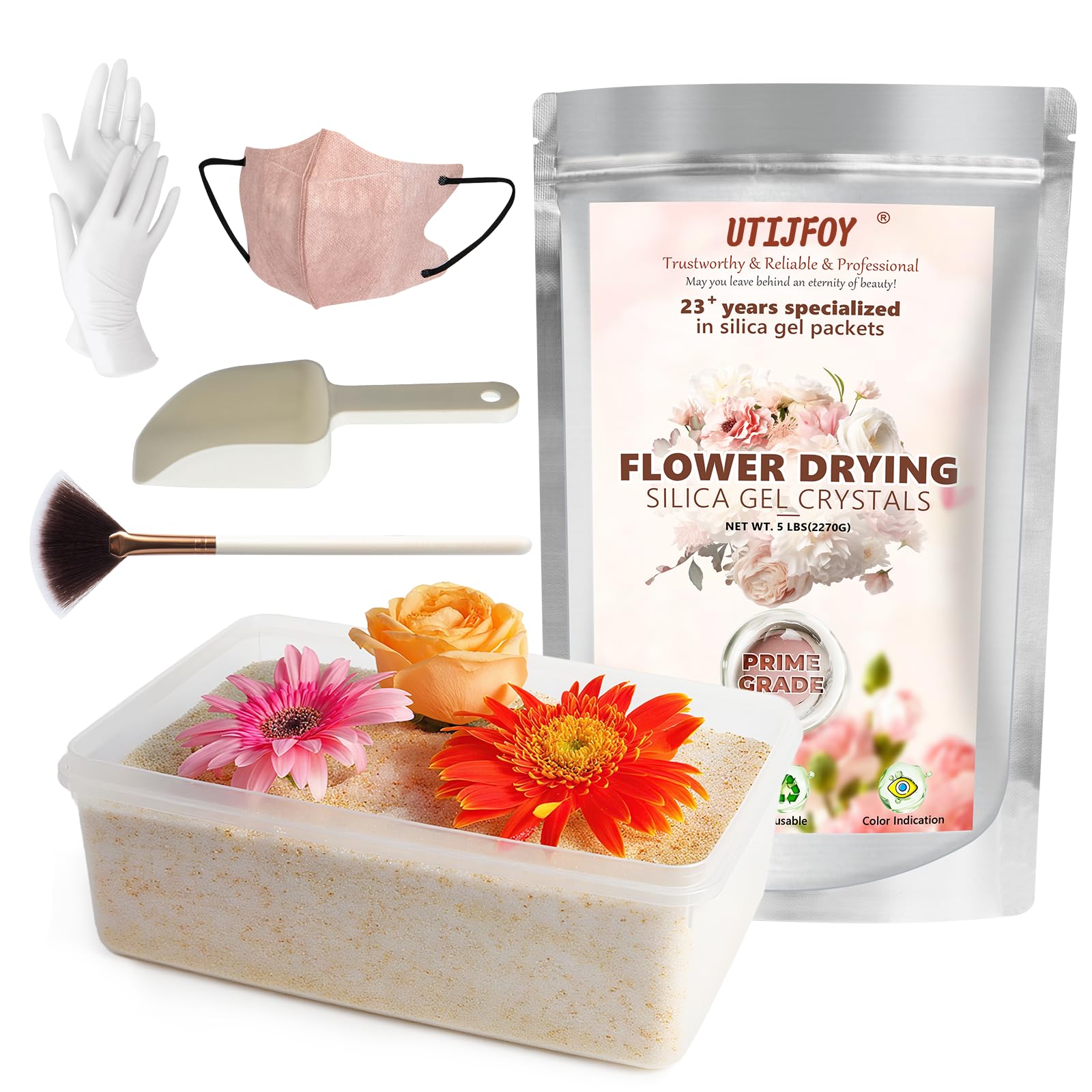 UTIJFOY 5LBS Silica Gel Flower Drying Crystals, Silica Gel Flower Drying Kit, herbruikbaar en kleurindicator Silica Gel Flower Desiccant met luchtdichte container, borstel en mondstuk, en meer