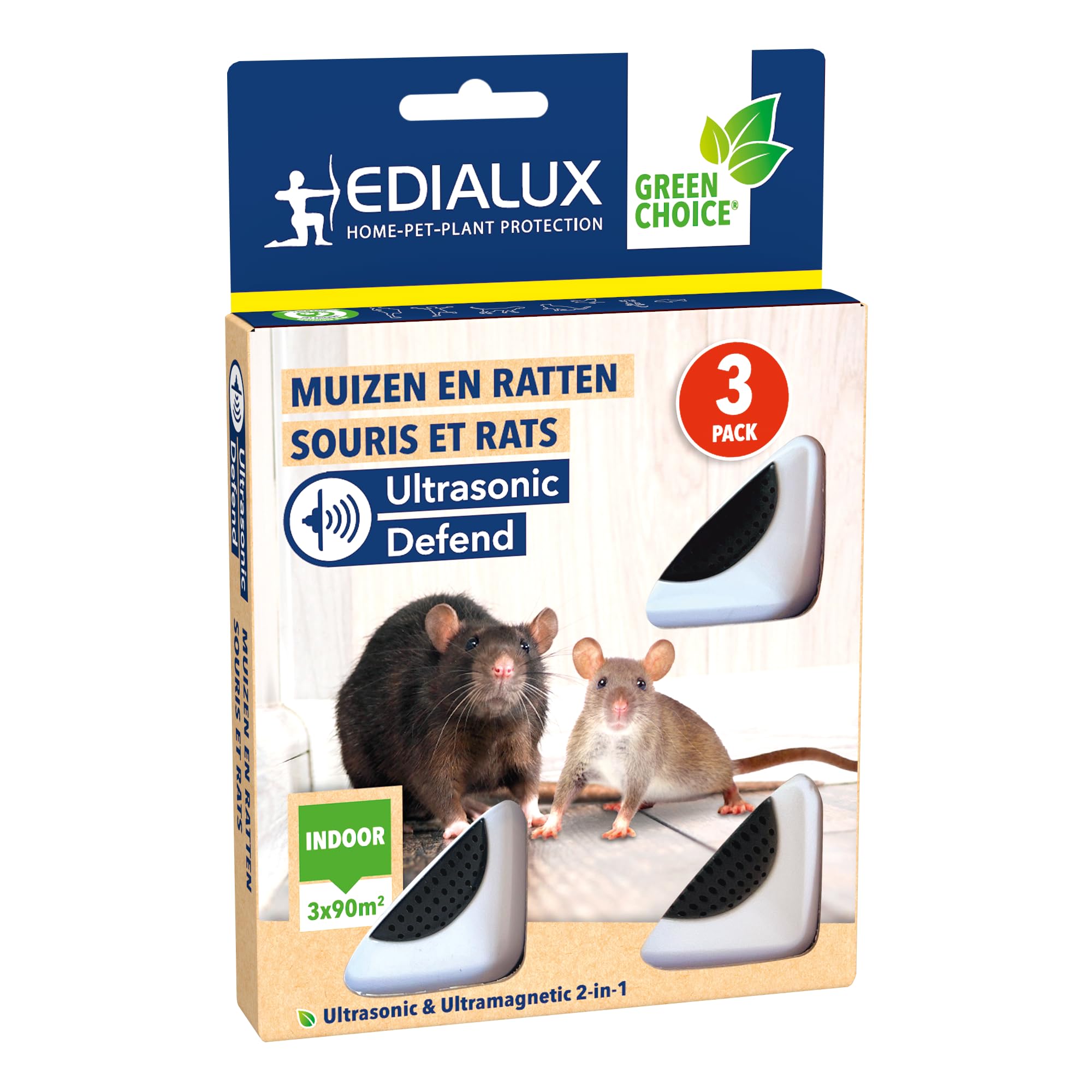 Edialux Ultrasonic Defend Ratones y Ratas, paquete de 3, repelente ultrasónico de ratas y ratones, protege tu hogar de forma segura y efectiva, 100% seguro en
