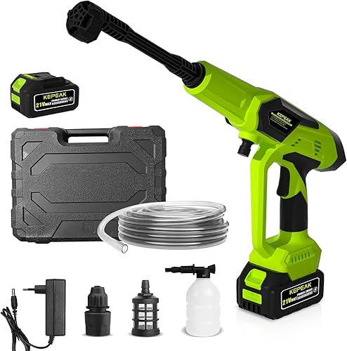 KEPEAK Lavadora a presión inalámbrica, lavadora de energía portátil de 1450 PSI con boquilla 6 en 1, lavadora a presión de mano de 21 V con batería,
