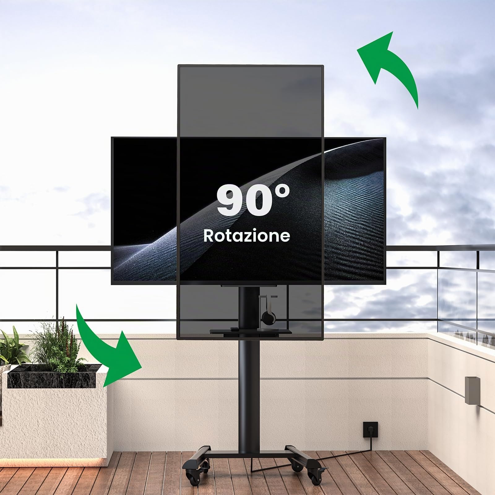 Proton 500 Supporto TV mobile con ripiano, prese di corrente, porte USB, altezza 211 cm, formato verticale orizzontale 32-75 pollici, 40 kg nero