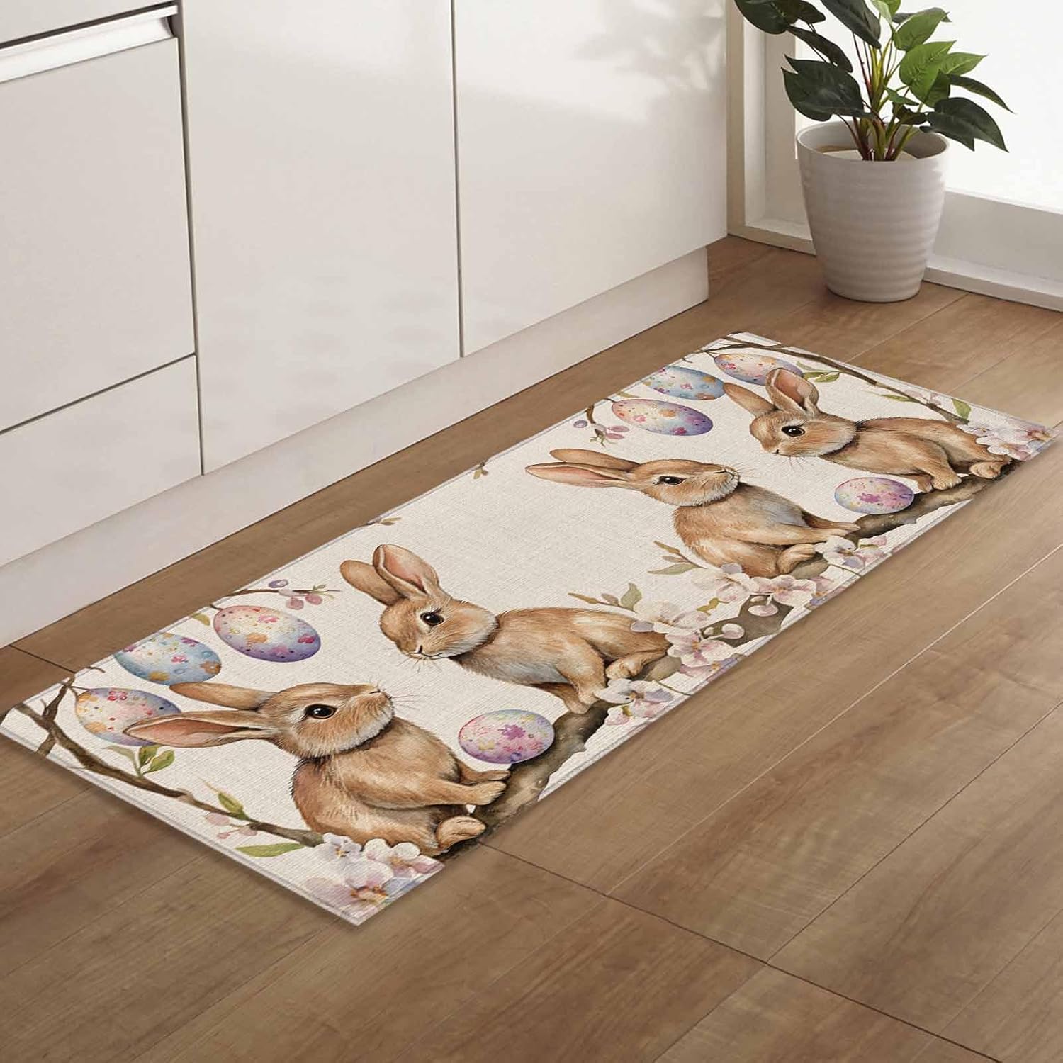 Teamery Kitchen Mats for Floor Easter Egg Rabbit Flower Leaves Branch Washable Non Slip Kitchen Rugs 1PCS, Vintage Linen Absorbent Standing Mats for Sink Bathroom Office Living Room 15.7x47.2in