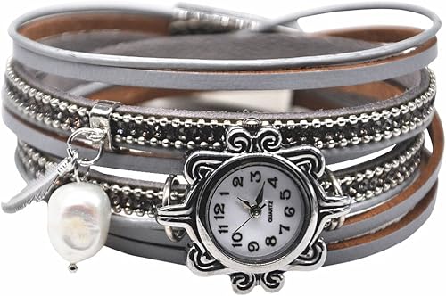 MINILUJIA Reloj de cuero para mujer, estilo vintage, casual, con plumas, perlas, árbol de deseos, envolvente, con cierre magnético