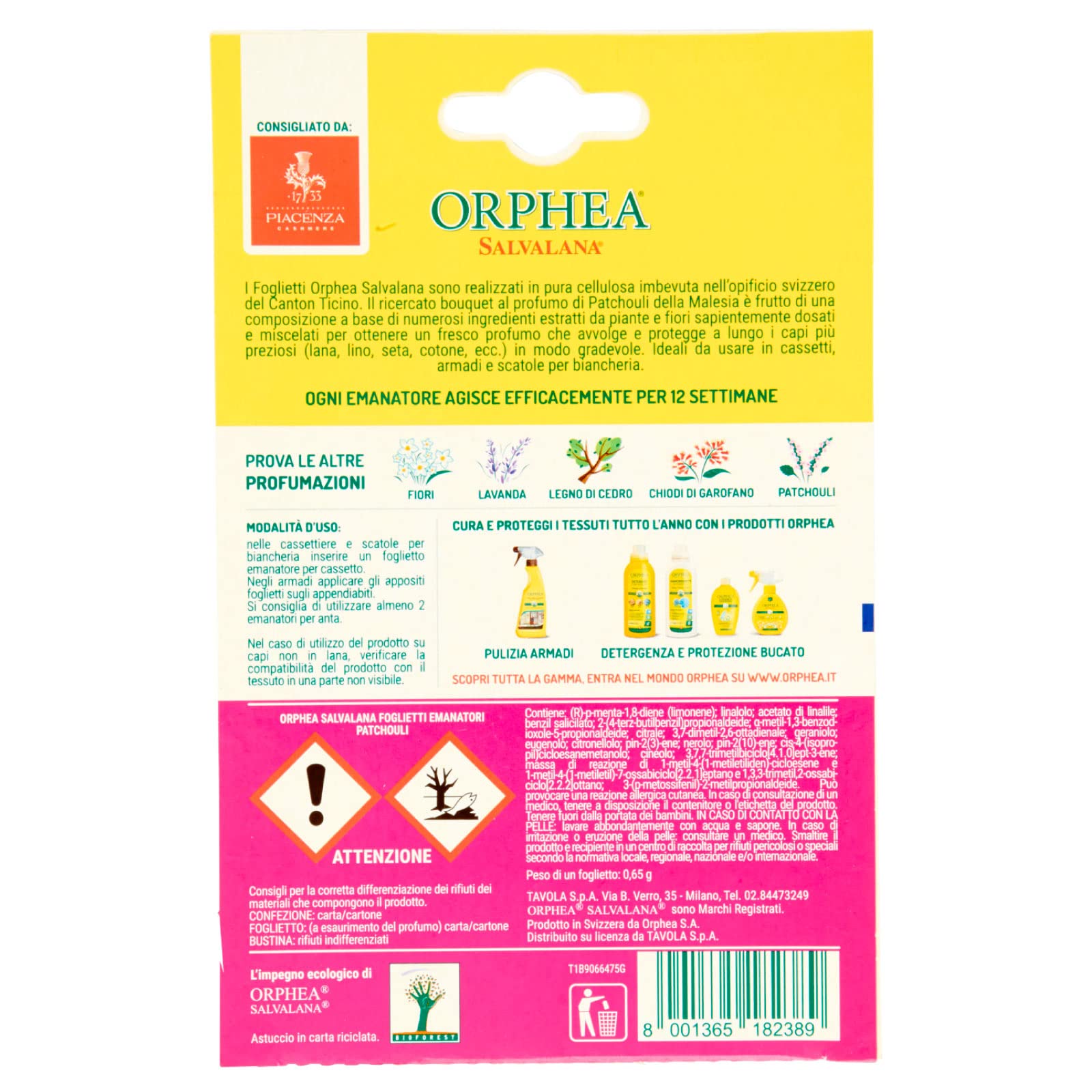Orphea Lot de 12 feuilles de Salvalana pour tiroirs et armoires protègent la laine et les fibres naturelles au parfum de Patchouli de Malaisie – 12 paquets de 12 feuilles chacune