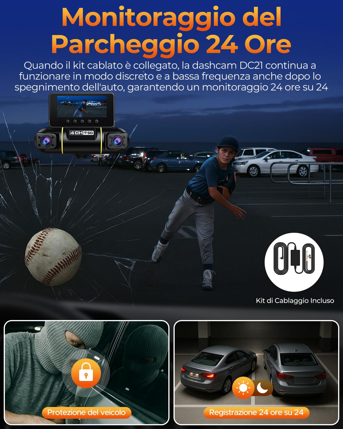 LAMTTO 360° 4 Canali Dash Cam Auto, Schermo da 3,16" 5G WiFi & Controllo APP Dashcam, 1080P*4 Telecamera per Auto con Scheda SD 128G,IR Visione Notturna, 24H Monitor di Parcheggio con Kit di Cablaggio