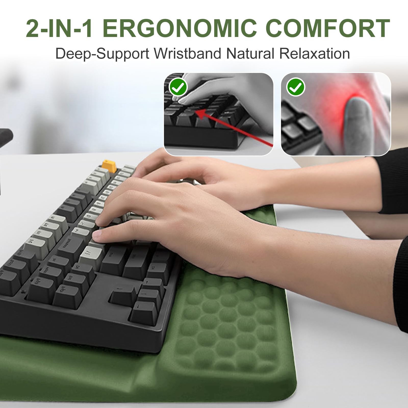 Reposamuñecas para teclado, espuma viscoelástica, reposamuñecas para escritorio con base antideslizante, muñeca y antebrazo, comodidad para aliviar el estrés, para el hogar y la oficina (verde