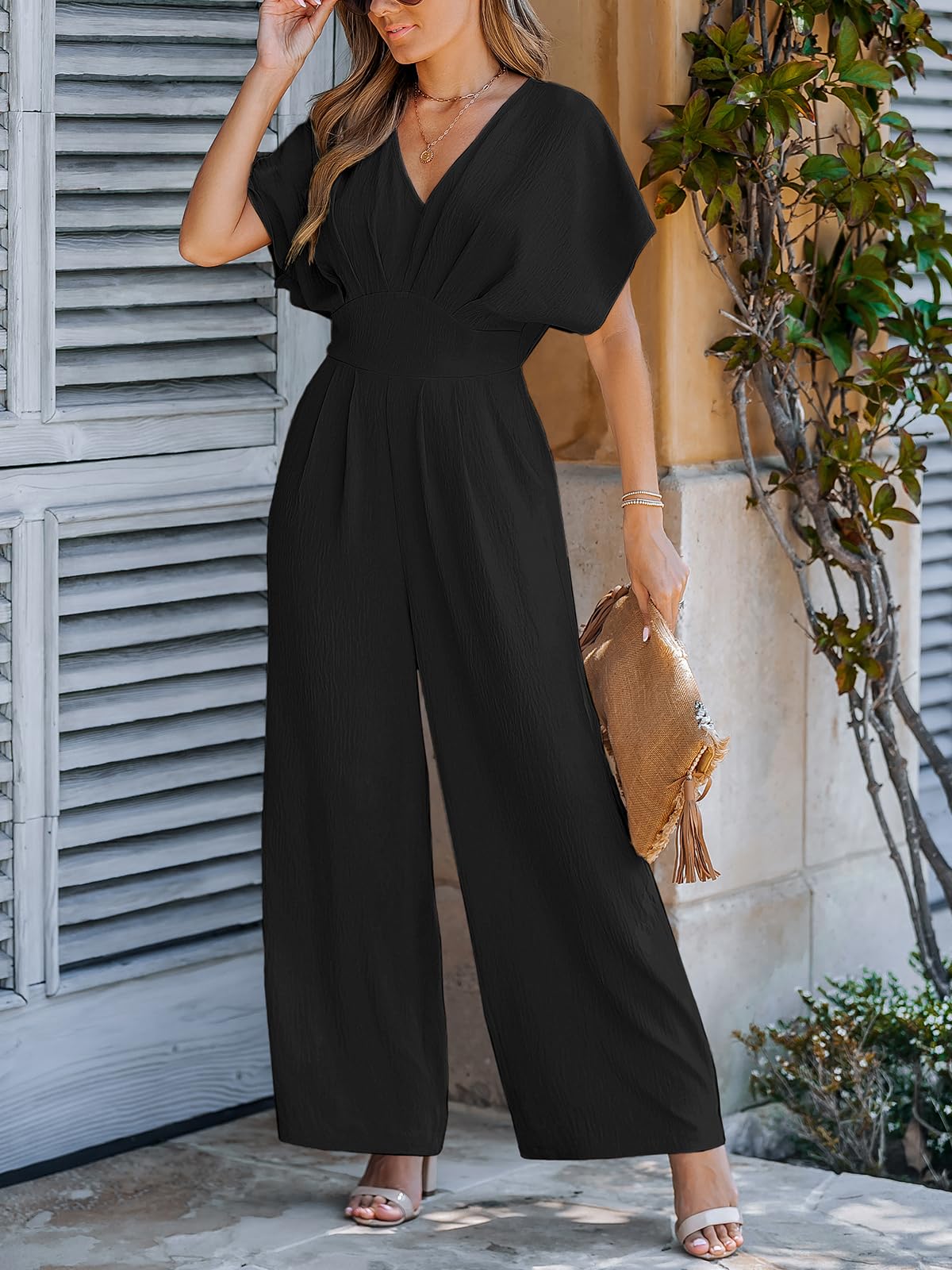 CUPSHE Damen Jumpsuit V-Ausschnitt Kurze Dolman-Ärmel Overall Weites Bein Strampler Lang Playsuit Sommer Elegant Hosenanzug