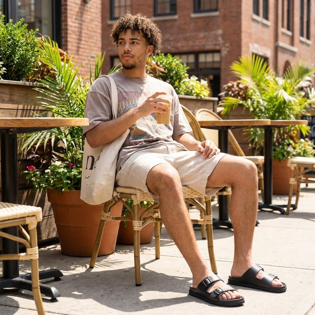 CUSHIONAIRE Nation Slip On Slides for Men with Adjustable Straps, Cushioned Footbed and Ridged Grip Outsole - Everyday Mens Sandals