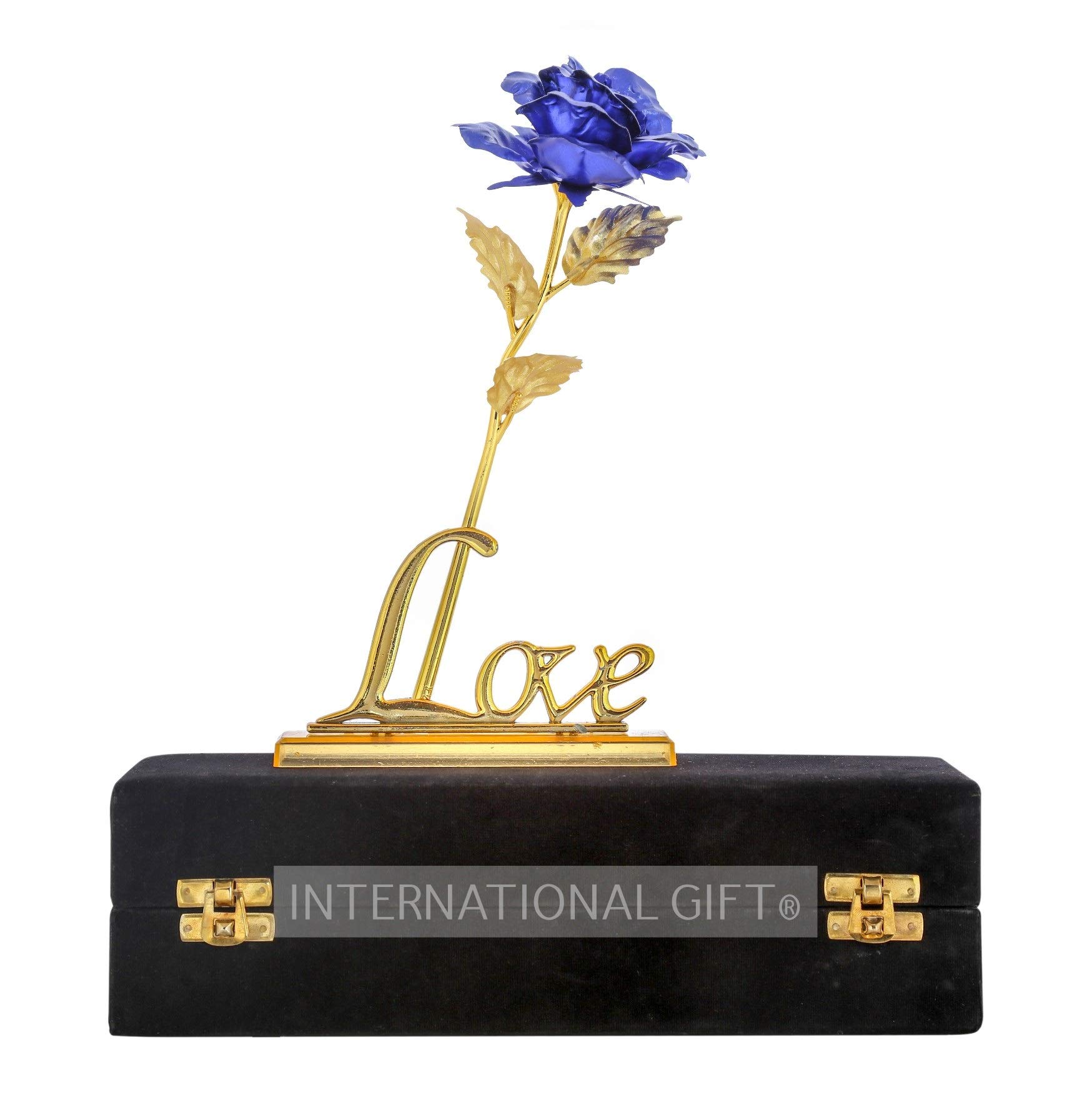 INTERNATIONAL GIFT Golden Foil Rose Flower Present with Love Shape Stand and Luxury Black Gift Box (Blue)-image-8