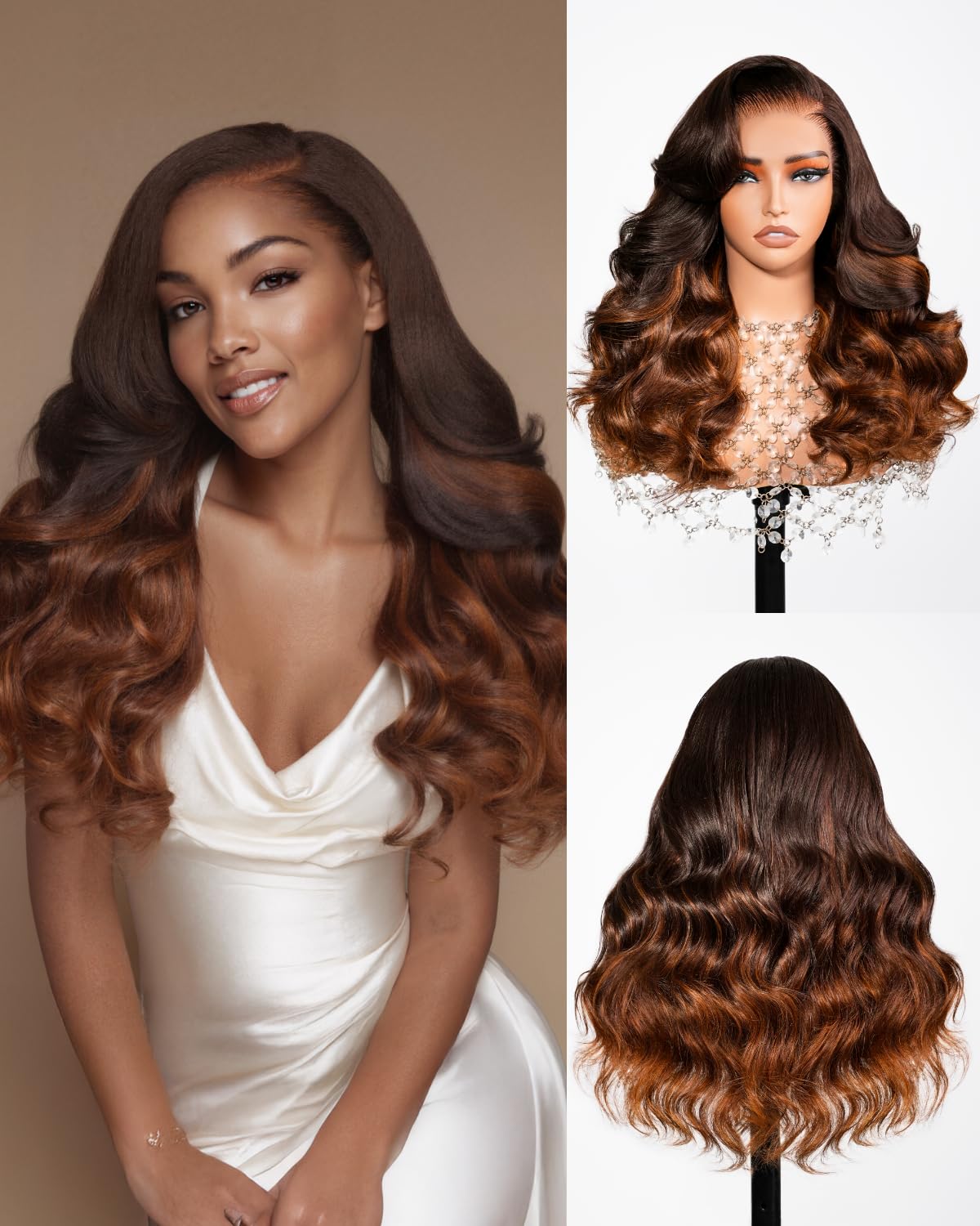 Arabella Pre Everything 13x6 Full Lace Body Wave Glueless Wig Human Hair Pre Plucked Pre Cut Omber Highlight Dark Brown 230% Density Lace Bleached Knots Ready to Go Wig 20 inch
