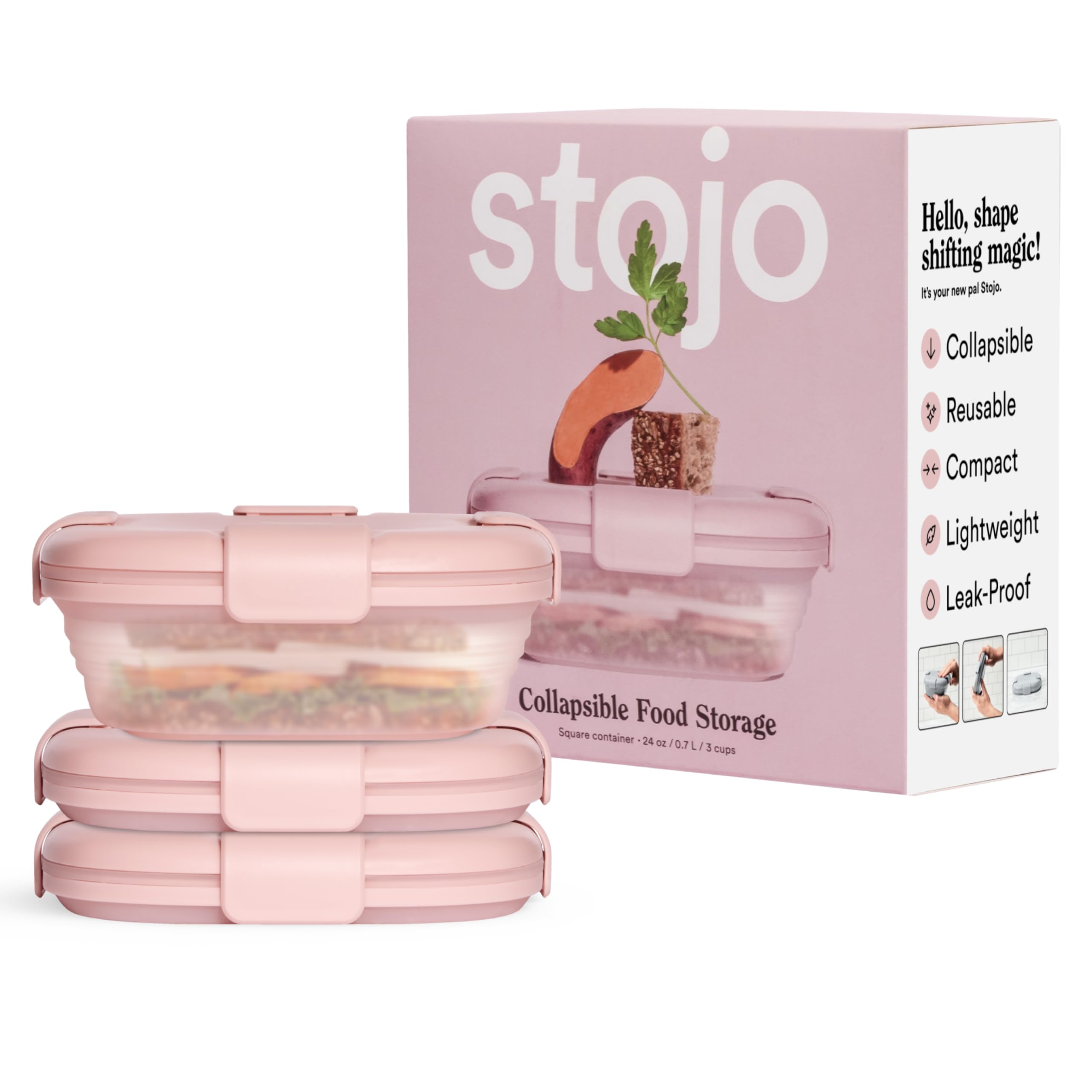 STOJO Collapsible Sandwich Box – 24oz, Reusable Food Storage Container, Silicone Bowl for Hot/Cold Food – Meal Prep, Lunch, Camping, Hiking – Dishwasher Safe (Set of 3, Translucent Carnation)