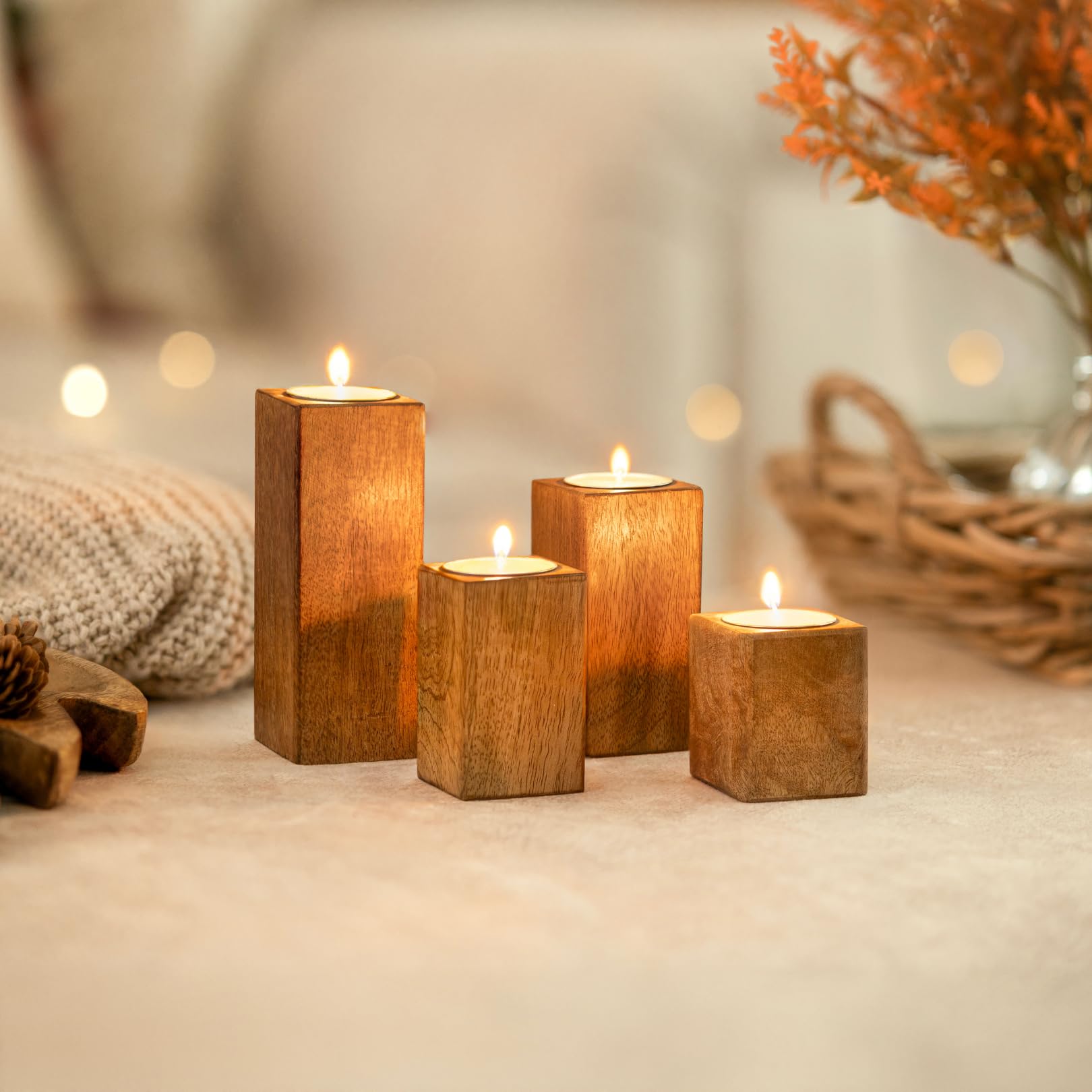 Marco Paul Interiors 4 Tealight Holder Marco Paul Heart Shape Wooden Tray For 3 Tealights – Mango Wood Tealight Candles Holder – Tea Light Candle Holders Dining Table Home Decoration & Christmas Table Centrepiece (4 Tealight Holder)
