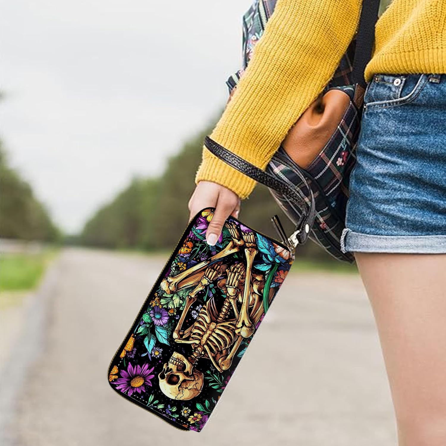 Womens Wallet, Large Capacity RFID Blocking PU Leather Wristlet Wallets for Women Ladies Men Credit Card Holder Zipper Wallet Phone Holder Clutch Travel Purse, Human Bone Flower