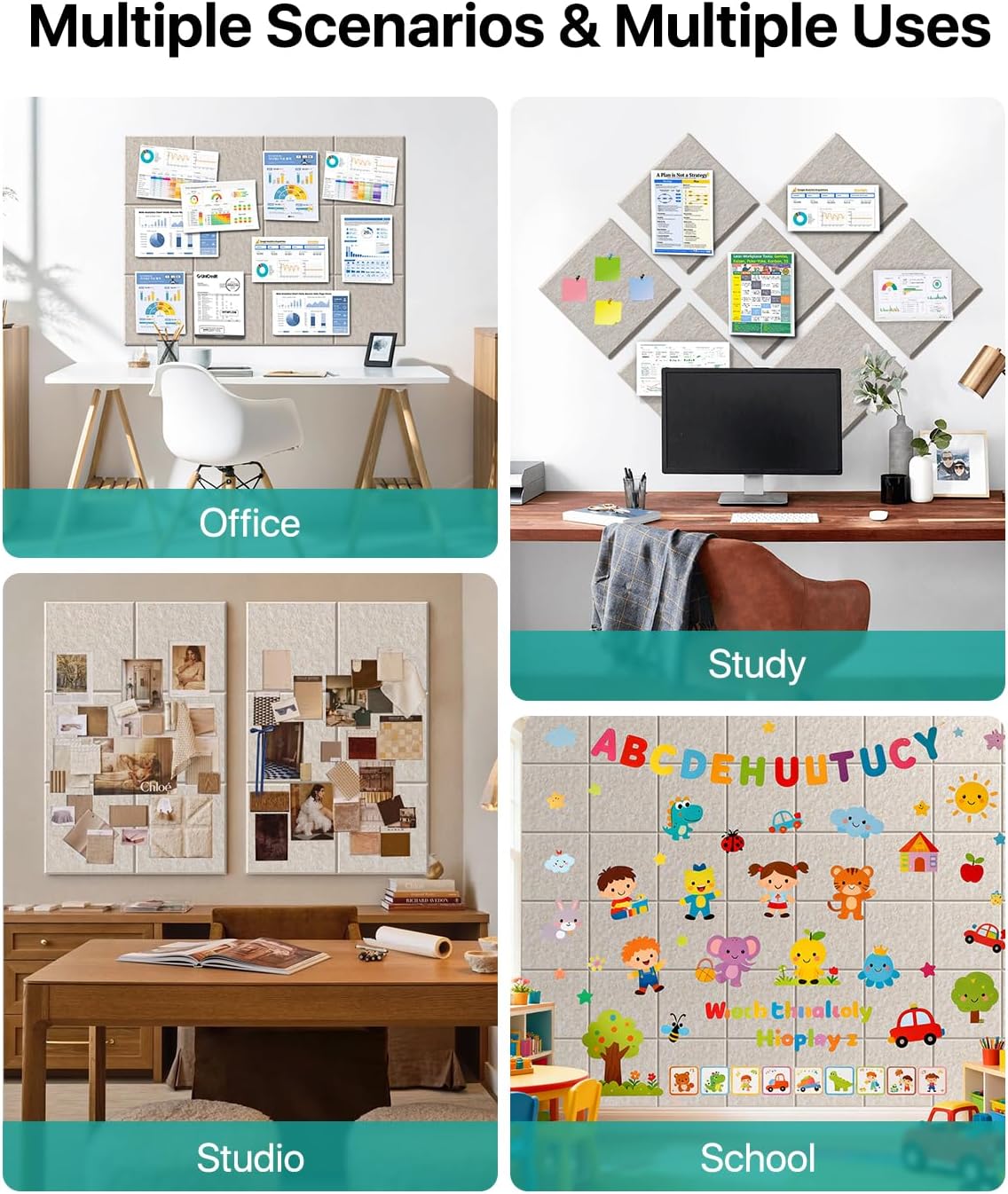 Large Cork Boards for Walls, 47"x35" Bulletin Board, 12-Pack Felt Wall Tiles with 60 Adhesive Tabs, Cork Boards for Office Decor, Felt Board Alternative Pin Board