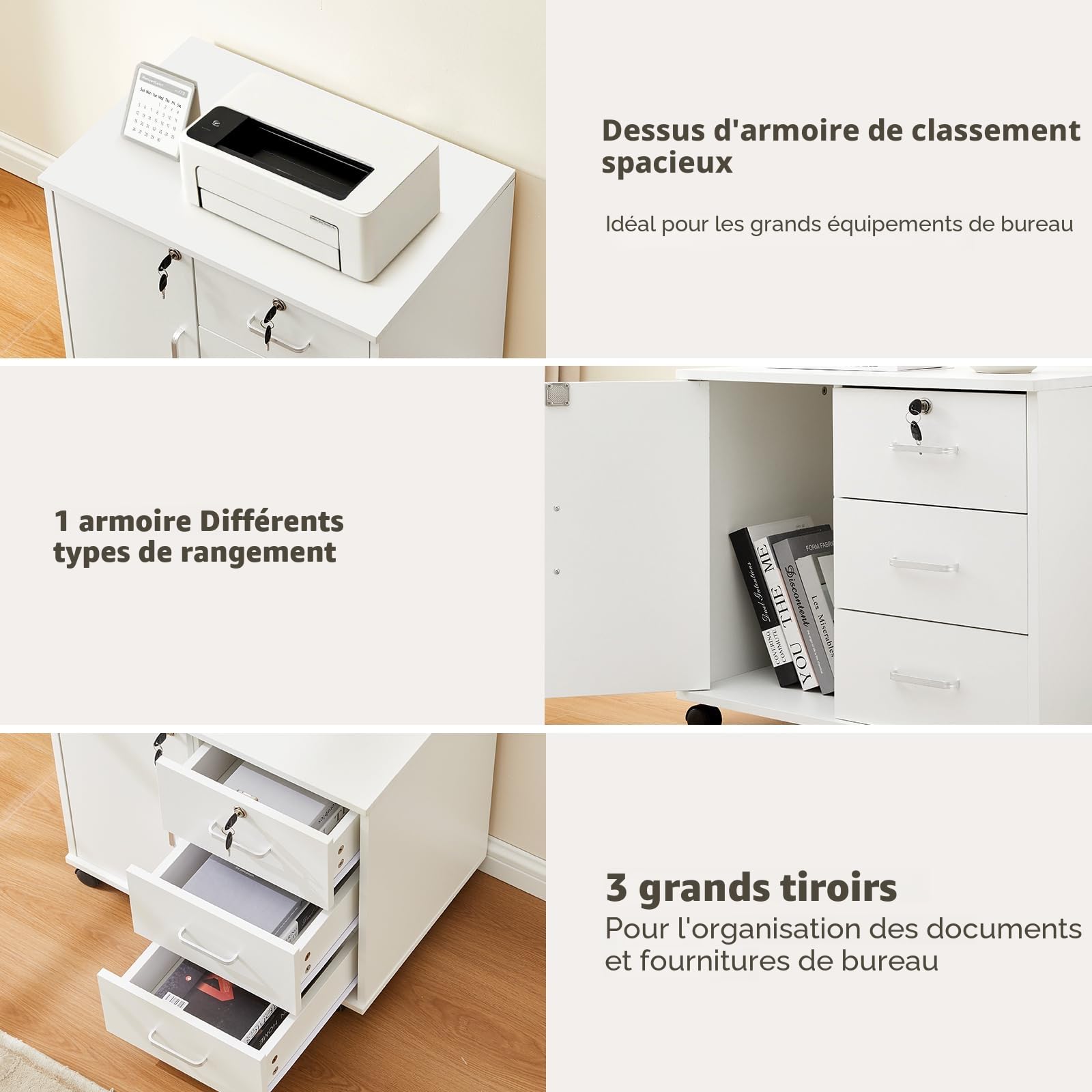 TUKAILAi Caisson de Bureau Mobile à 4 Tiroirs, Support Imprimante Mobile Classeur avec roulettes, Armoires de Rangement 2 Tiroirs Verrouillable, Format A4 Dossiers Suspendus (Blanc)