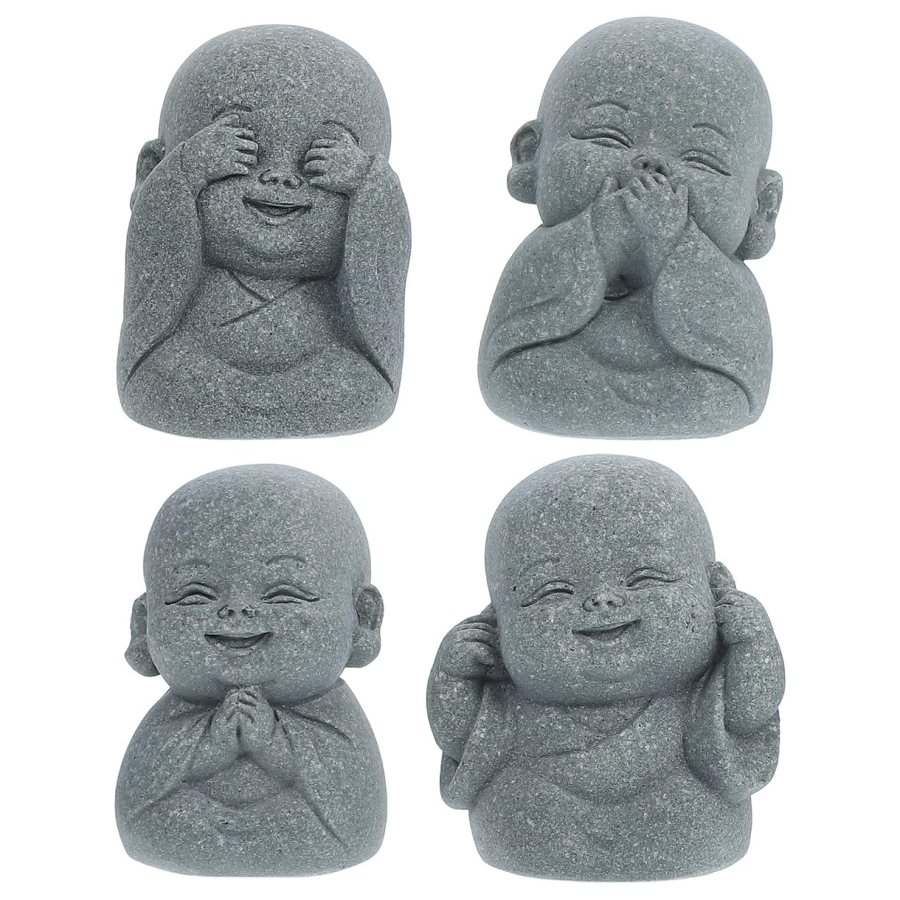 DIYEAH 4pcs Mini Zen Monk Figurines Set for Home Decor, Small Stone Gray Buddha Statues Tabletop Sculpture Ornaments for Indoor Garden and Desk Display