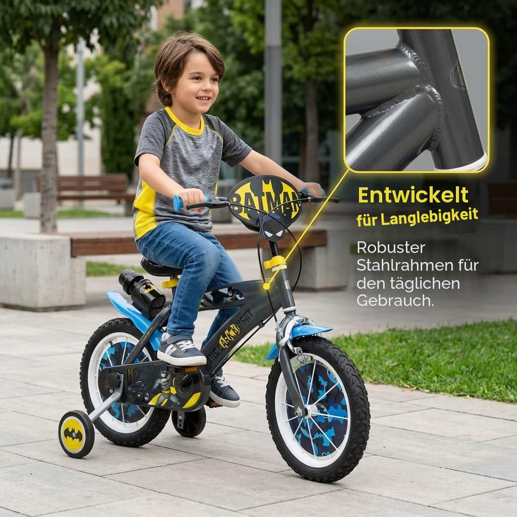 Toimsa Kinderfahrrad Batman 14 Zoll Schwarz/Blau/Gelb | Felgenbremse Trommelbremse Stützräder Speichenschutz Trinkflasche | Alter 4-6 Jahre