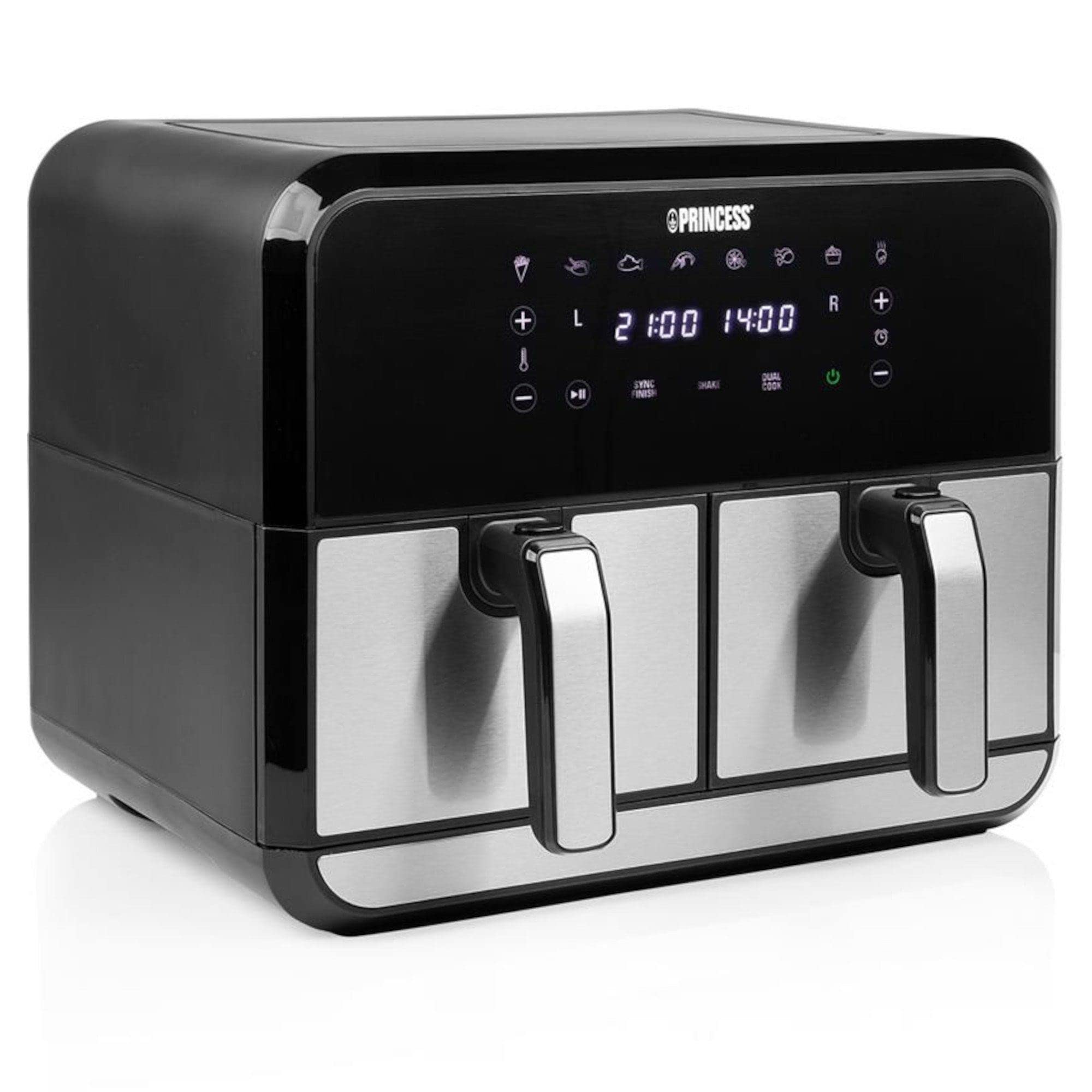 Princess double basket air fryer with 2x4L capacity - 62.2% less energy consumption - Separate temperatures for 2 baskets - 8 programmes - 2x1600 Watt - 38.4 x 37.4 x 30.8 cm - 182074