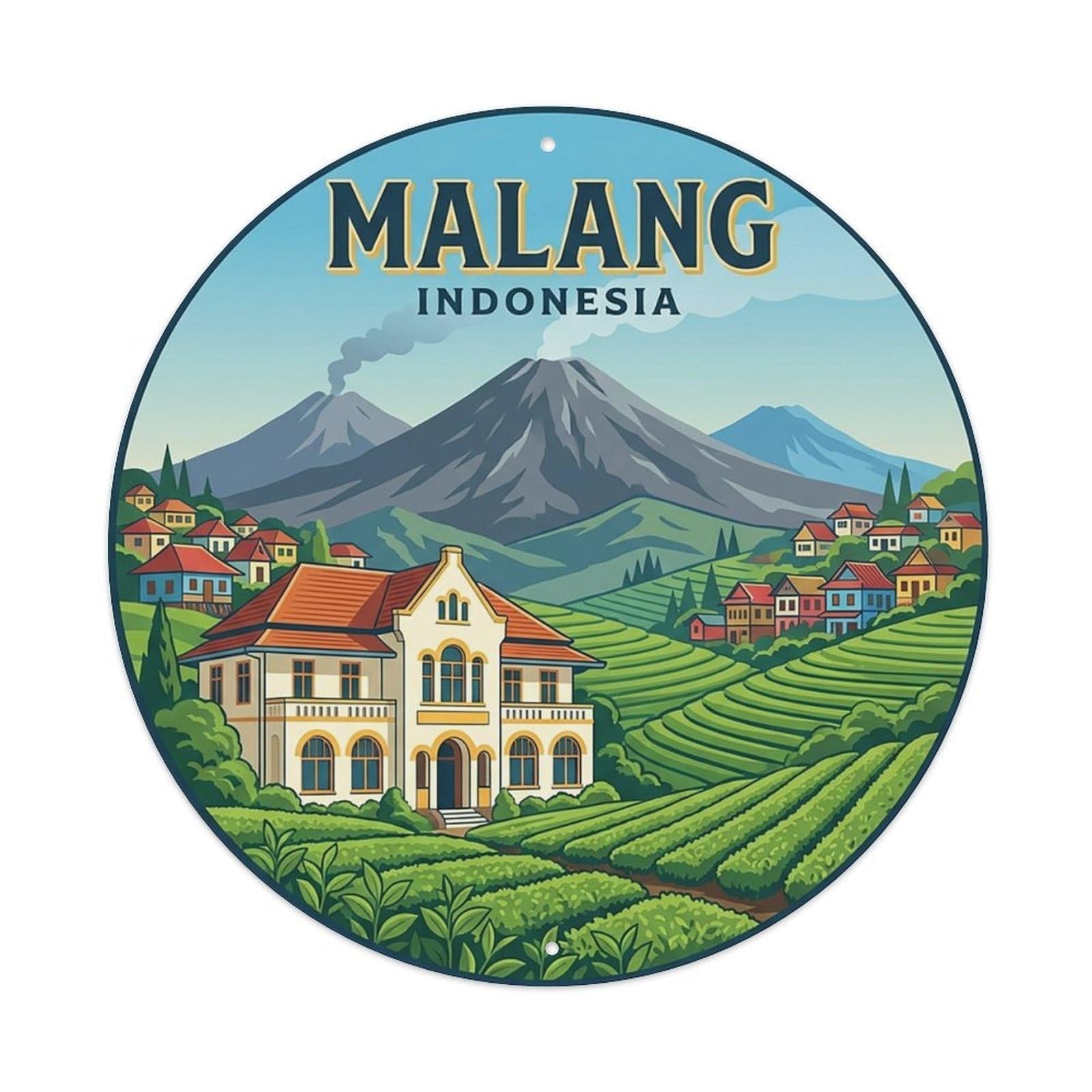 Indonesia Vintage Travel Malang Vintage Metal Tin Sign Plaque Wall Decor for Cafe, Club Bar, Office, Garden Metal Poster 8x8Inch