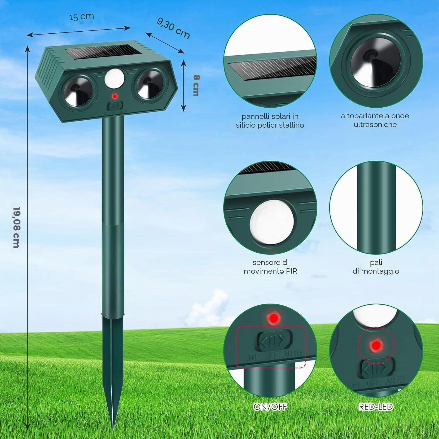 2 Pezzi Repellente per Gatti,Ultrasonico Solare Alimentato Animale Deterrente, Impermeabile,Deterrente per uccelli,Dissuasori per Piccioni,Efficace Contro Gatti, Cani, Uccelli, Martore, Volpi, Ratt