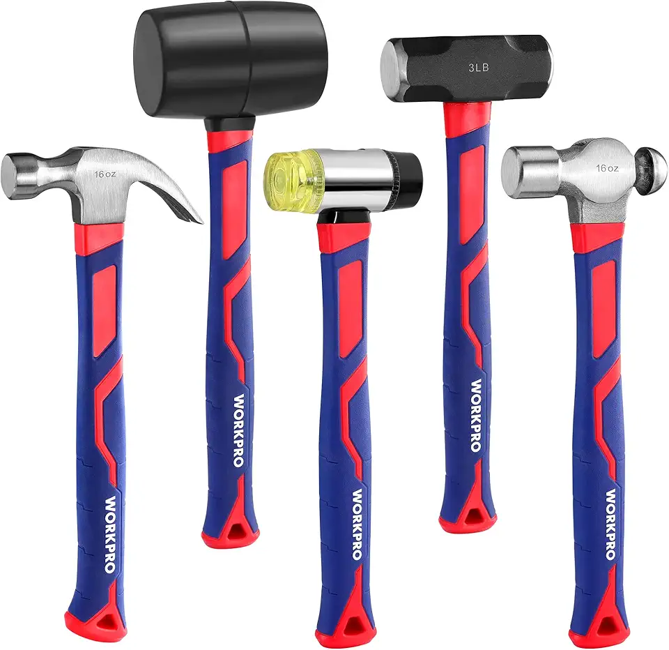 WORKPRO 5-Piece forge/Polish Steel Head, Fiberglass Handle Set - 32oz Rubber Mallet | 16oz Claw &amp; Ball-Peen Hammers | 3lb Sledge | 22oz Double-Faced Mallet