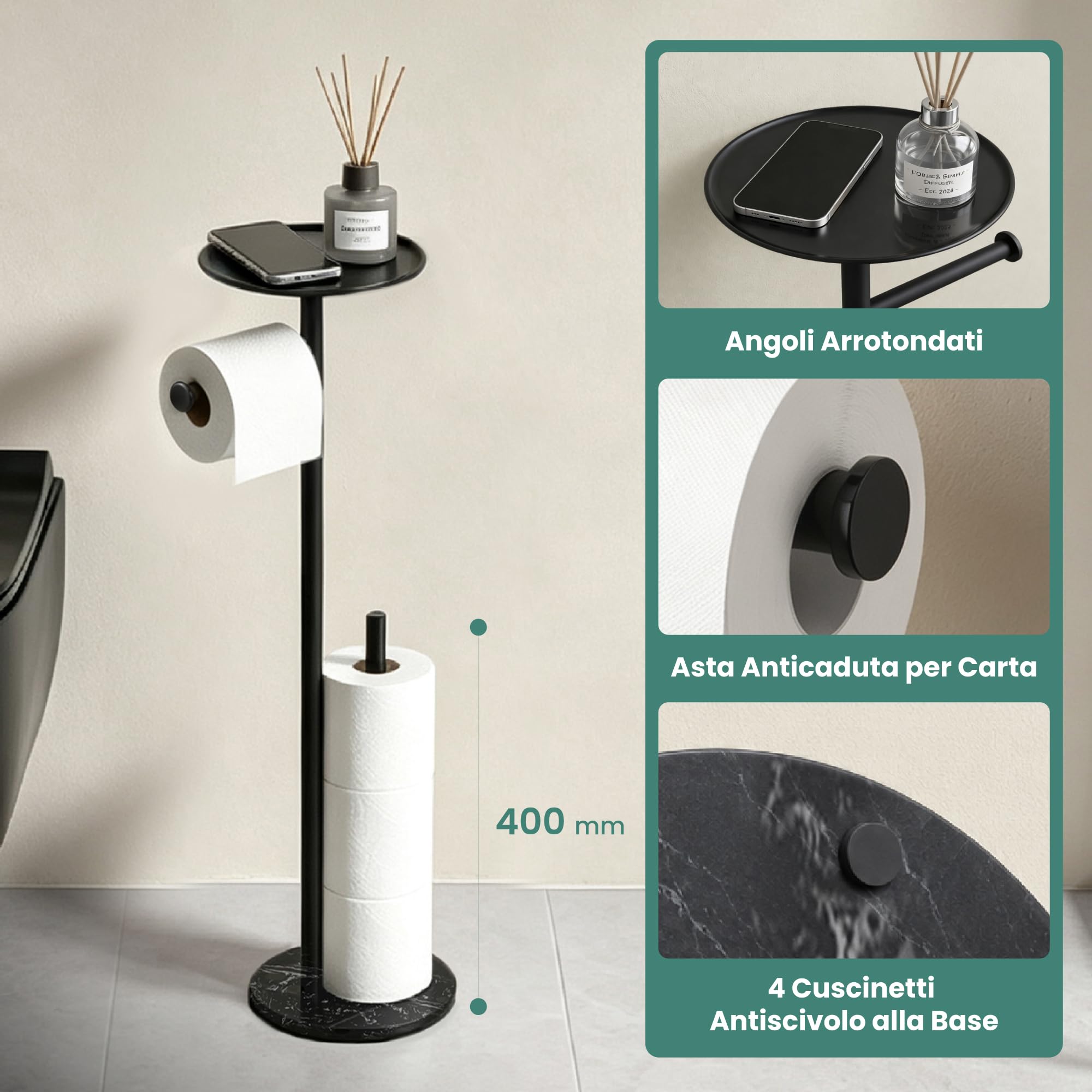 Mai & Mai Portarotolo Carta Igienica da Terra con Mensola, Nero | Portarotolo Autoportante con Ripiano Superiore, Inox 304+Marmo Fuso, Carico 5kg, 4 Cuscinetti Antiscivolo, Lino-06