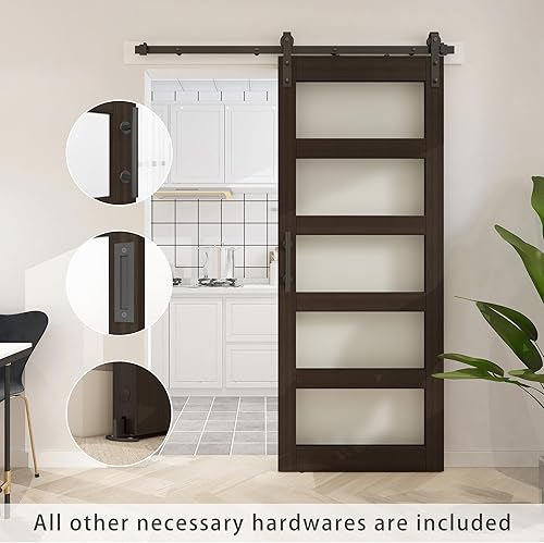 Miniatura 3 de BARNSMITH Puerta de granero de vidrio de 30 x 84 pulgadas con kit de herrajes para puerta corredera de 5 pies incluido y asa, losa de madera maciza