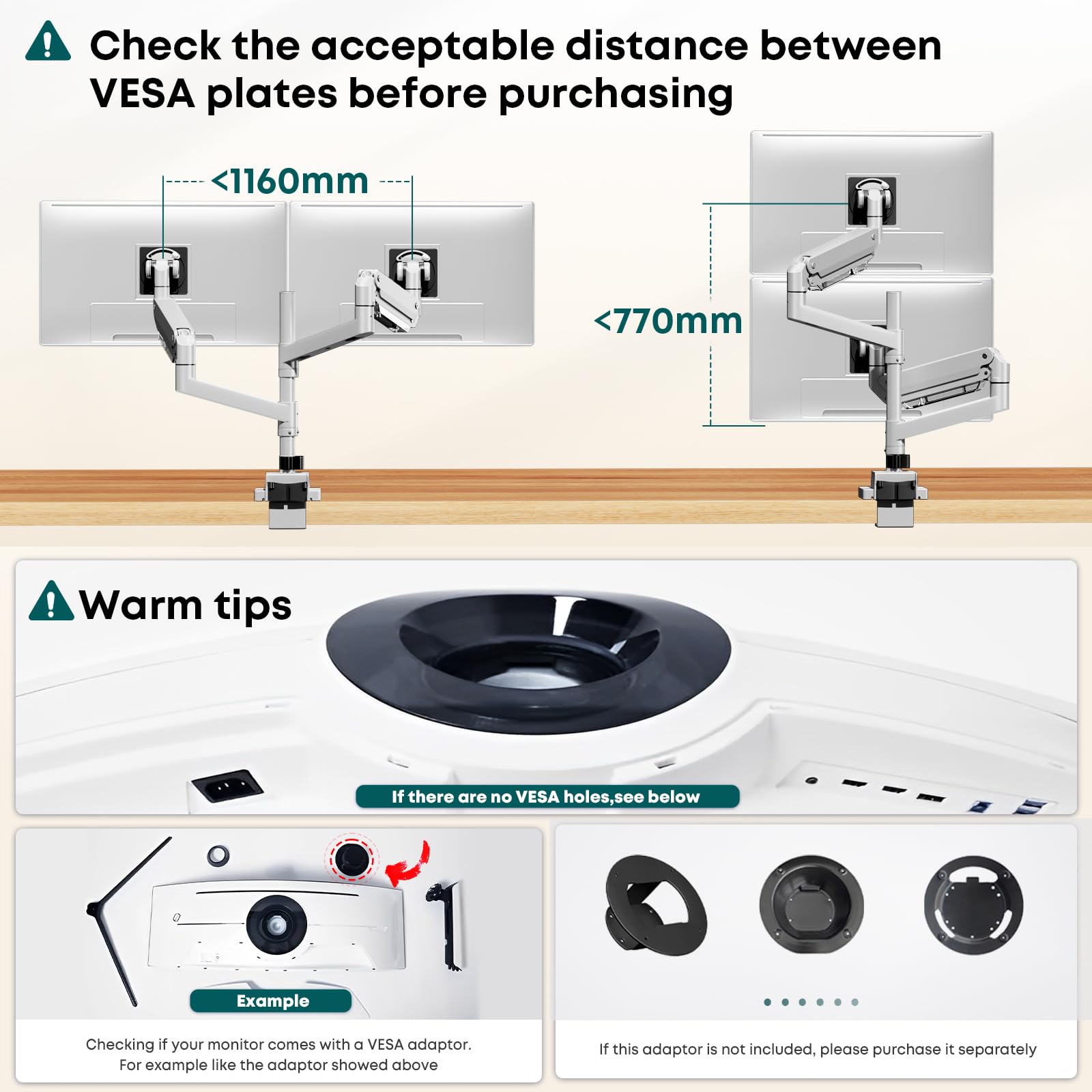Braccio Monitor Doppio Verticale per 24-57-pollici - Regolazione Dell'altezza con Inclinazione e Girevole Supporto Doppio Monitor, Capacità di Carico da 2-27 kg, VESA 75/100/200 mm, Bianco