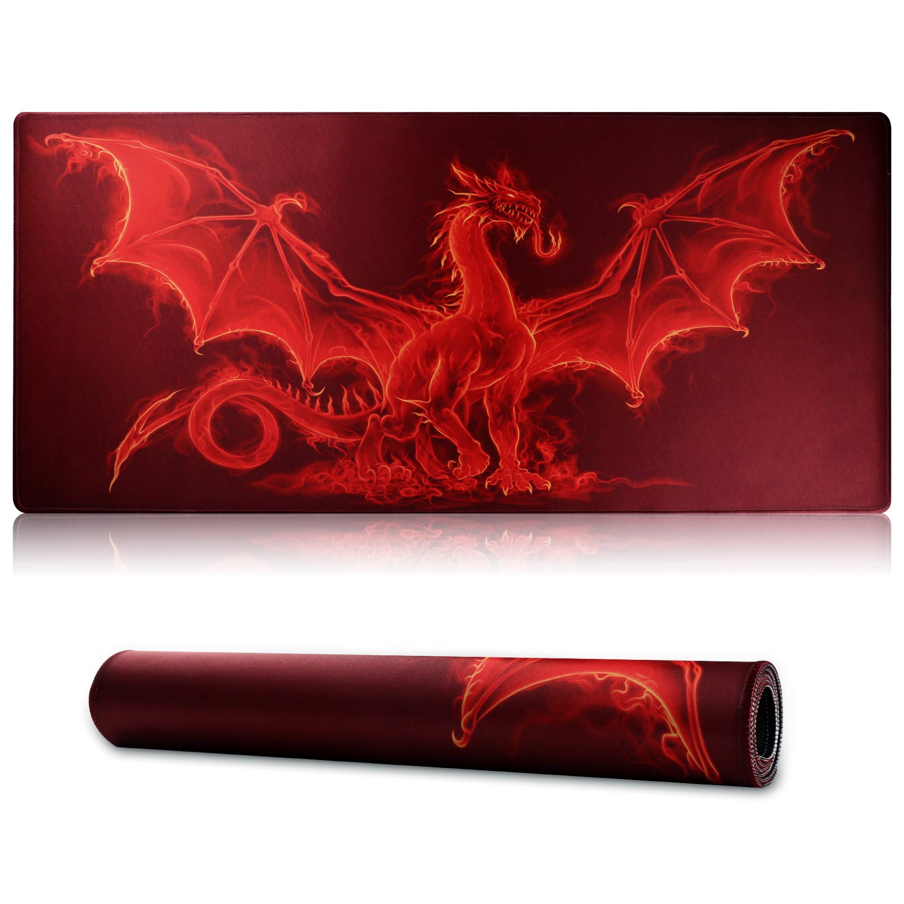 Jahosin Large Gaming Mouse Pad with Stitched Edges,[27.5x11.8In] Extended Mouse Pad with Non-Slip Natural Rubber Base for Gamer/Desktop/Office/Home (70x30 Red dragonus)
