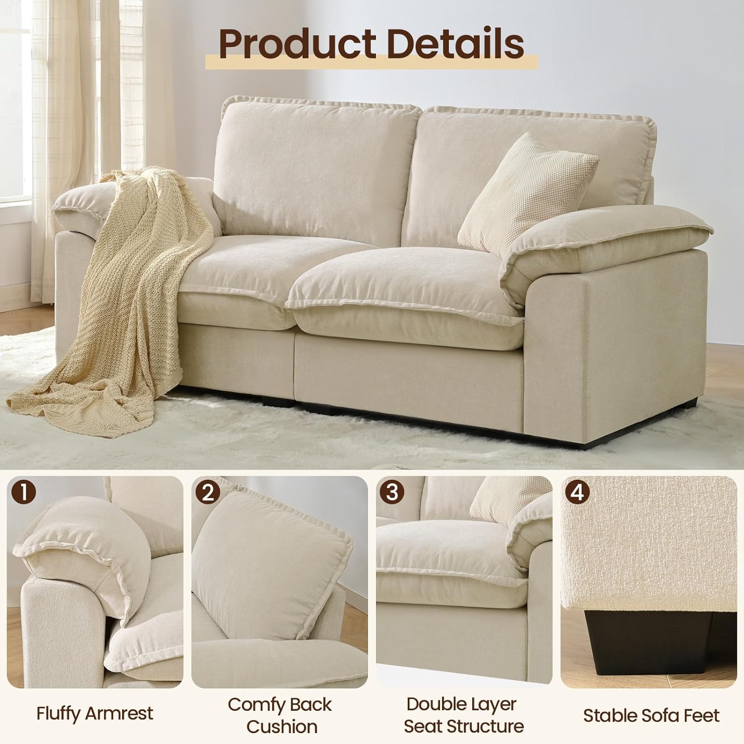 72" Cloud Couch Loveseat Sofa with Padded Armrests & Deep Seat Sofas for Living Room Apartment Office Chenille Fabric Beige 710uH6f36sL. AC SL1500