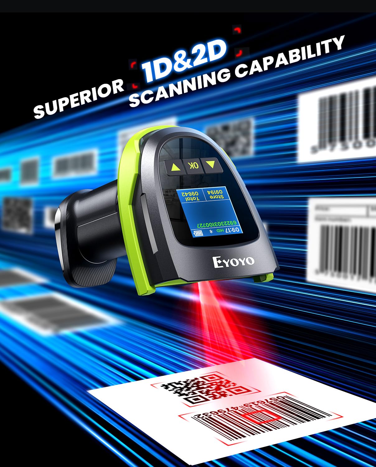Eyoyo Escáner de Códigos de Barras 1D 2D QR con Pantalla y Base Triple Conexión Bluetooth Inalámbrico 2.4G y Cableado Compatible con iOS Android Windows