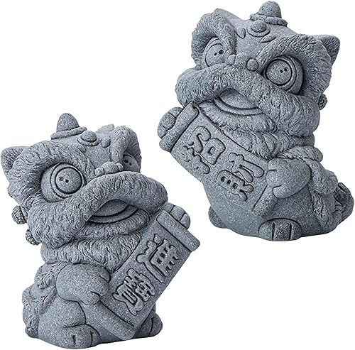 Un par de mini estatuas de perros Foo, decoración de figura de león para oficina en casa, escultura de león de piedra en miniatura para decoración