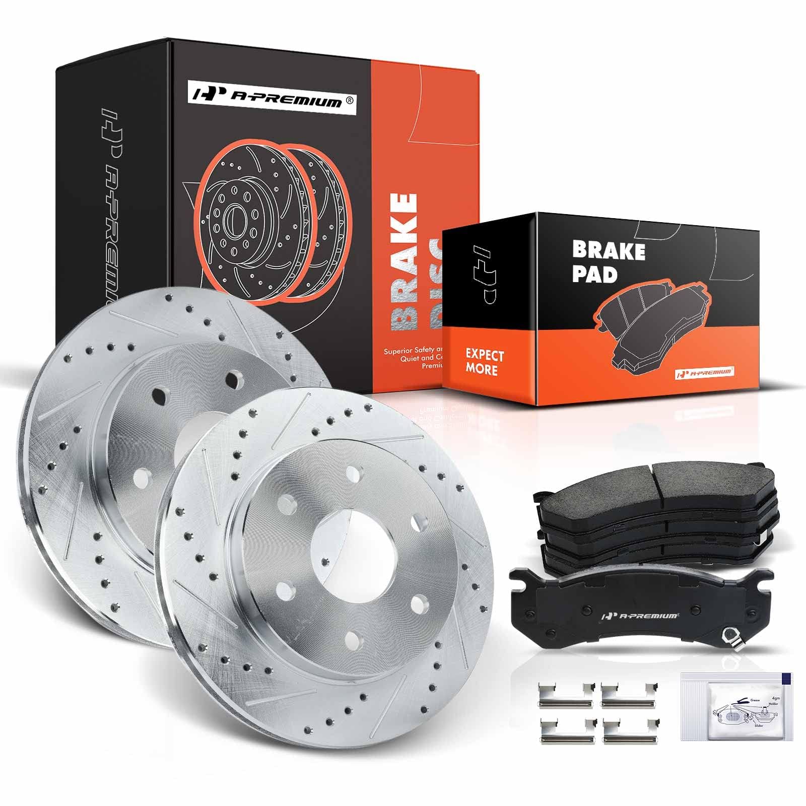 A-Premium 12.01 in (305mm) Front Drilled and Slotted Disc Brake Rotors + Ceramic Pads Kit Compatible with Select Cadillac, Chevy & GMC Models - Escalade, Avalanche, Express, Silverado, Suburban, Tahoe