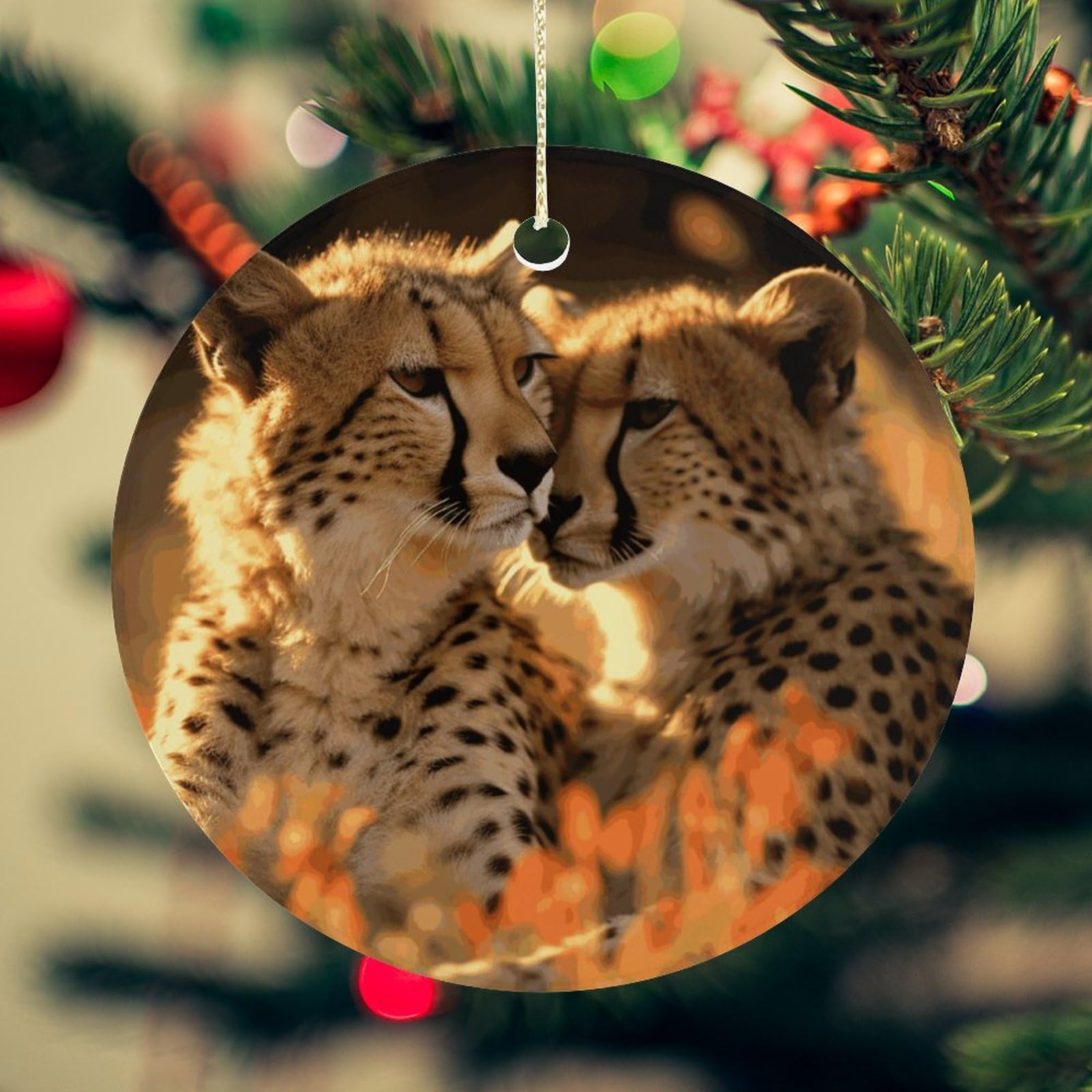 Cheetah Love Christmas Ornament for Christmas Tree Ceramic Round Ornament Winter Holiday Keepsake Gift 2.7" Christmas Tree Hanging Decorations Circle Ceramic Pendant Xmas Gift