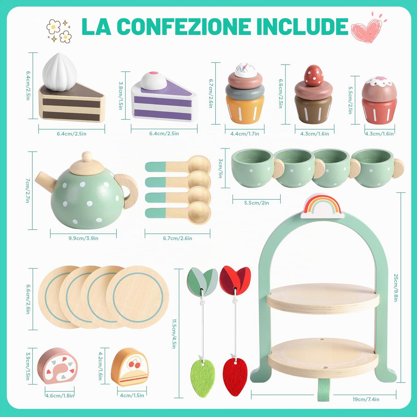 GAGAKU, Set da tè in legno per bambini e bambine, con accessori e cibo finto