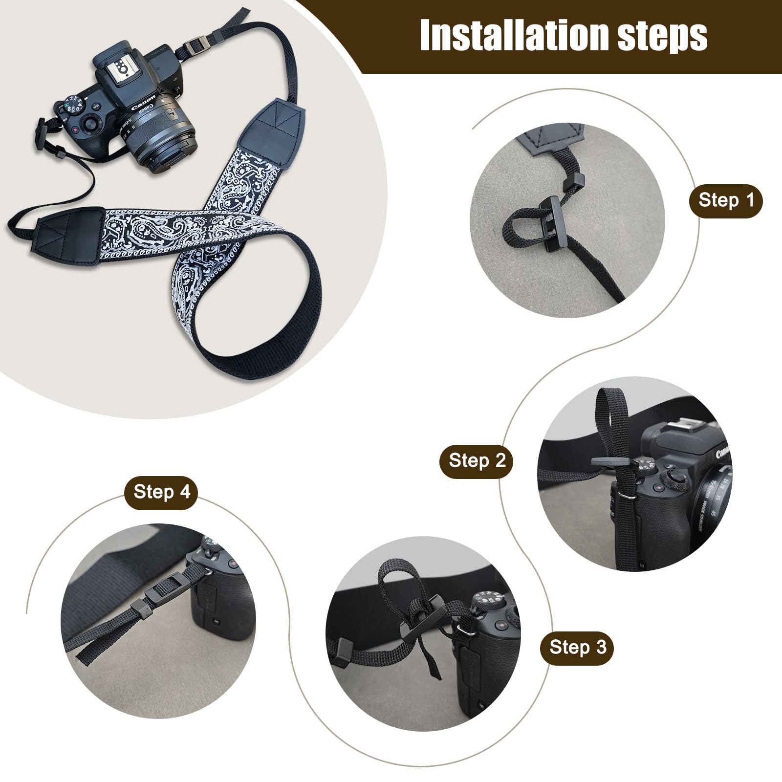 Pasek do aparatu w stylu vintage, szeroki, 5 cm, uniwersalny pasek na ramię do lustrzanki DSLR i aparatu systemowego, regulowany pasek do noszenia na szyję w stylu retro, miękki nylon ze skórą, pasuje