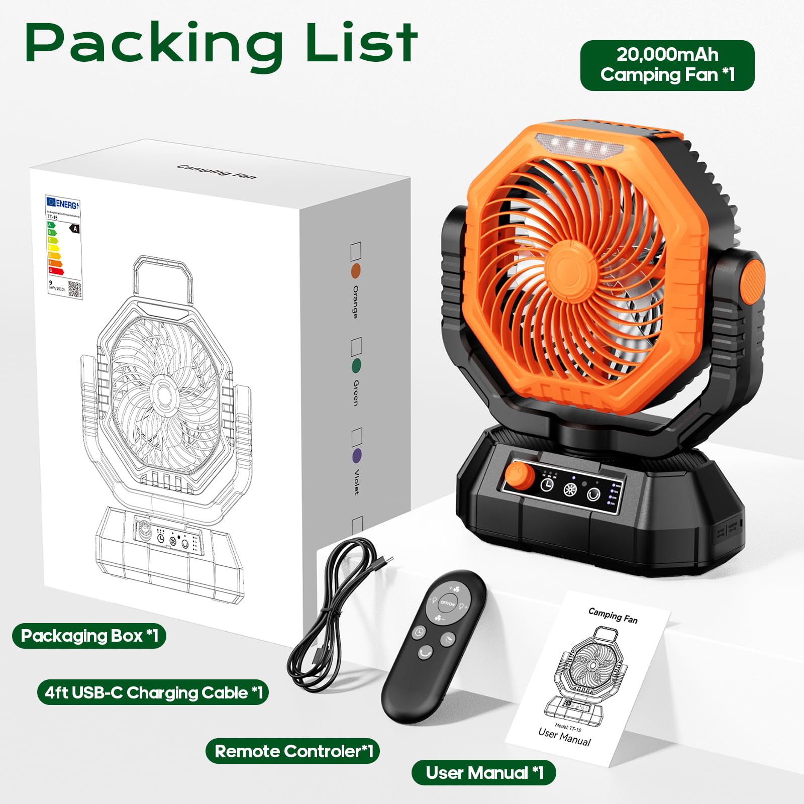 Ventilatore da Campeggio con Lanterna a LED, 20000 mAh Ventilatore da Tavolo con Telecomando e Gancio, Rotazione di 270°, Velocità Continua, Modalità Timer, per Tenda da Interno ed Esterno（Arancia）