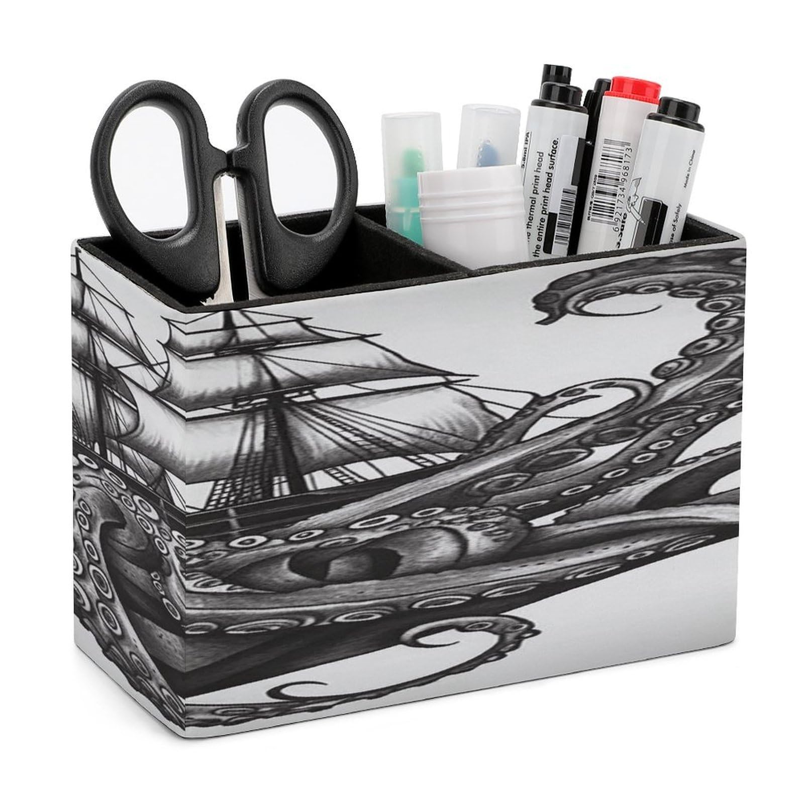 VstaDank Black And White Octopus And Ship Pen Holder Double Compartments Pen Cup Fashion Makeup Brush Holders Leather Pencil Holder for Work Locker Accessories Modern Pencil Cup for Desk Organizer
