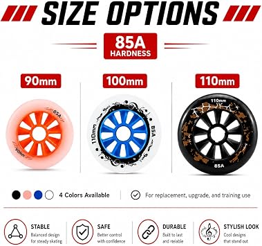 6 Pack / 8 Pack Inline Skate Wheels, 90mm 100mm 110mm, 85A PU Replacement Wheels, High Rebound Wear-Resistant Wheel with Strong Grip for Training, Replacement & Skate Upgrade (black,90mm 6pack)