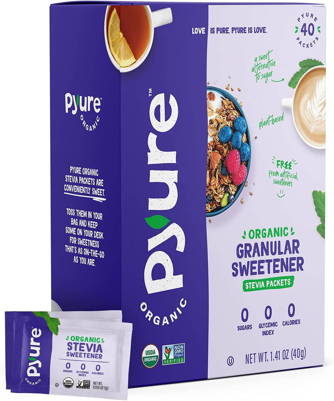 Organic Stevia Packets | Zero Calorie Sweetener for Coffee, and Baking | Granulated Stevia Sugar Substitute | Plant-Based, Keto, Diabetic & Paleo Friendly | USDA Organic, Non-GMO | 40 Packets