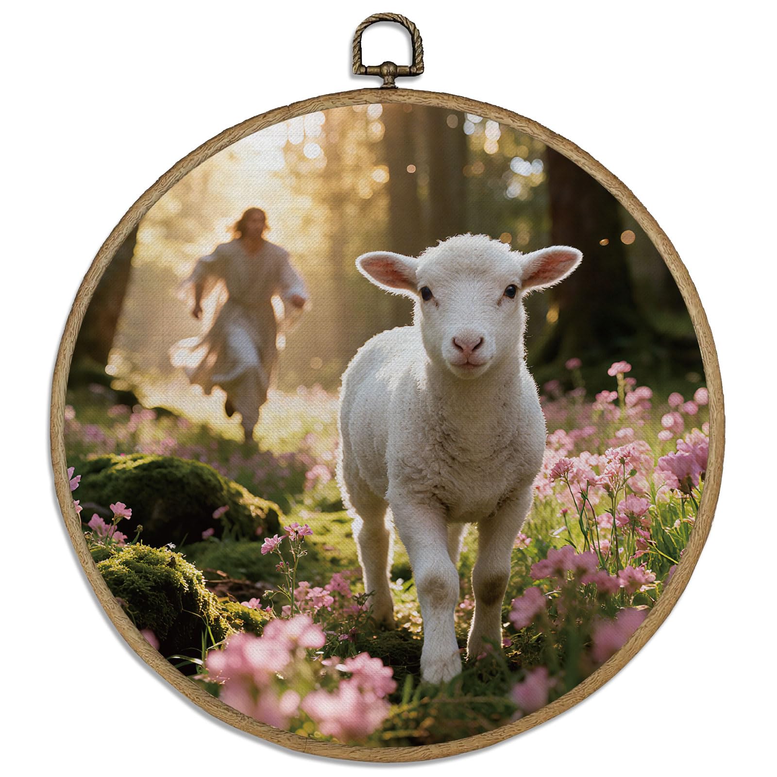 DELORIGIN Forest Lamb Framed Wall Art Decor 10" Sunlit Wildflowers Round Canvas Wall Art with Vintage Hooks Biblical Hanging Artwork Prints for Living Room Hallway Stairs Porch Decoration