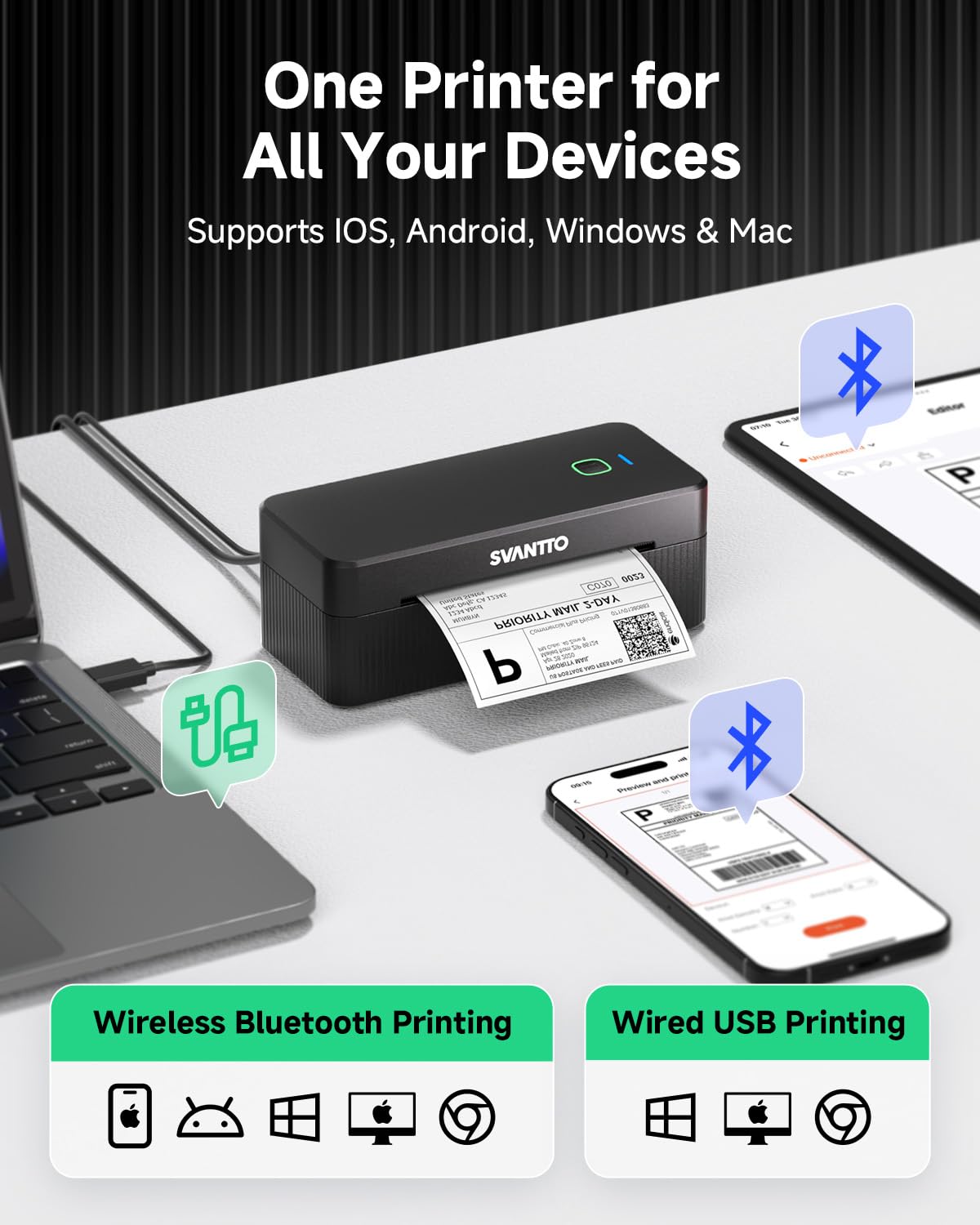 SVANTTO Bluetooth Etikettendrucker 4x6, DHL Thermodrucker für Versandetiketten 100 x 150 mm, Labeldrucker ohne Tinte für iOS Android Windows Mac, kompatibel mit Shopify, Etsy, DHL, UPS, Schwarz