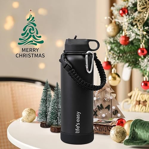 Miniatura 2 de Life's Easy Botella de agua aislada de acero inoxidable, botella de agua deportiva con tapa de popote y mosquetón de paracaídas, frasco al vacío