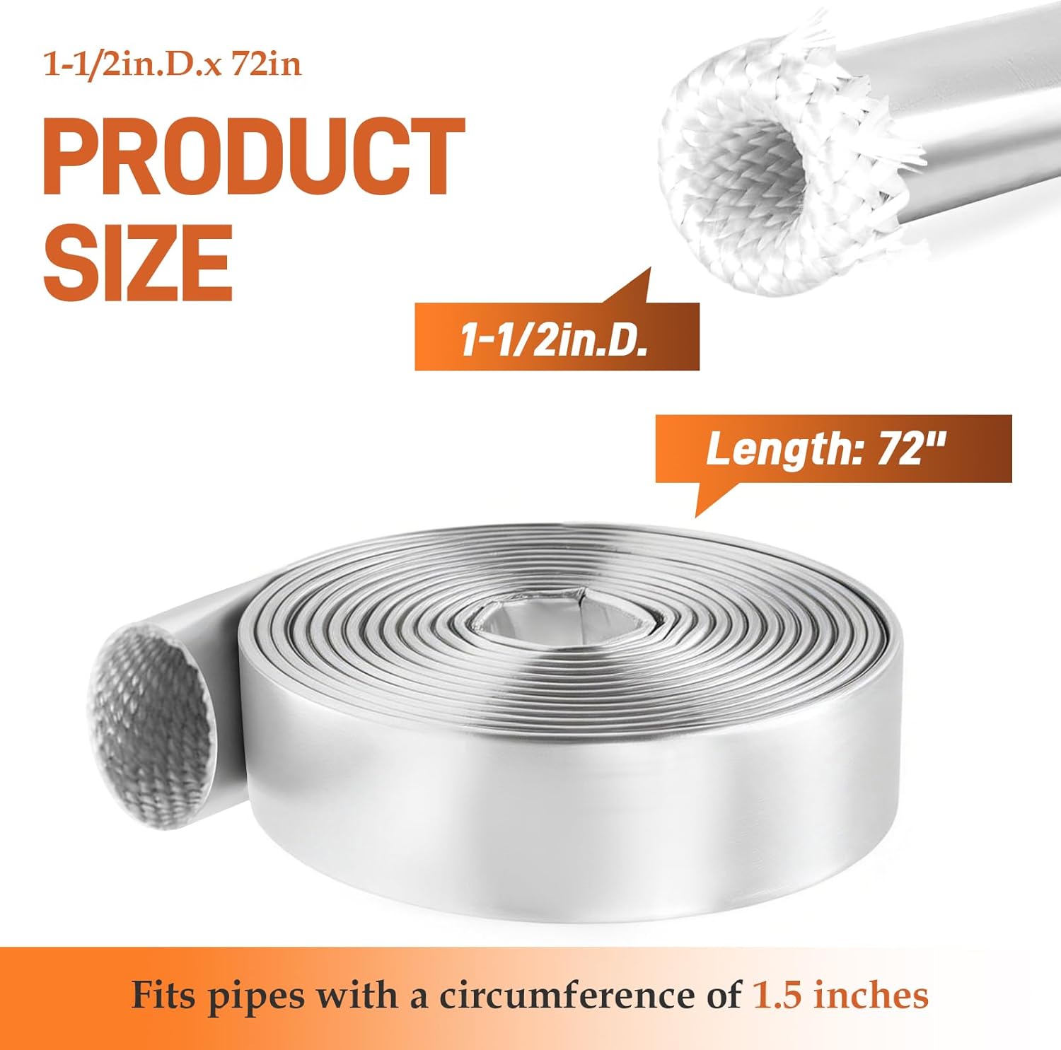 1-1/2" x 72" Automotive Heat Shield Sleeve, Aluminum Heat Shield Wrap for Wiring, Hoses, Pipes & Exhaust Lines - Includes Stainless Steel Ties (Silver)