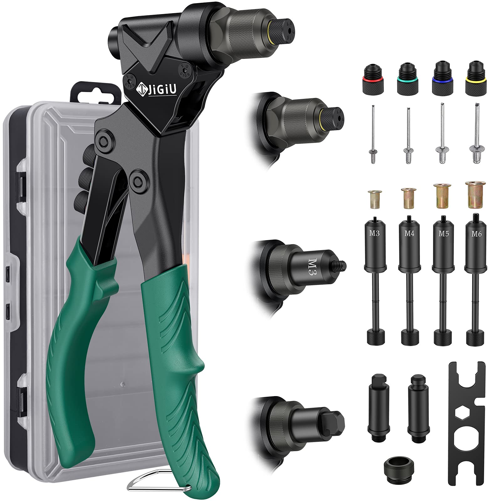 JiGiU 3 en 1 Pistola Remachadora 360°Remachadora de Tuercas y Alicates para Remaches con 4 Mandriles M3 M4 M5 M6,4 Boquillas de 2.4mm 3.2mm 4.0mm 4.8 mm (con 40 Tuercas de Remache y 40 Remaches)