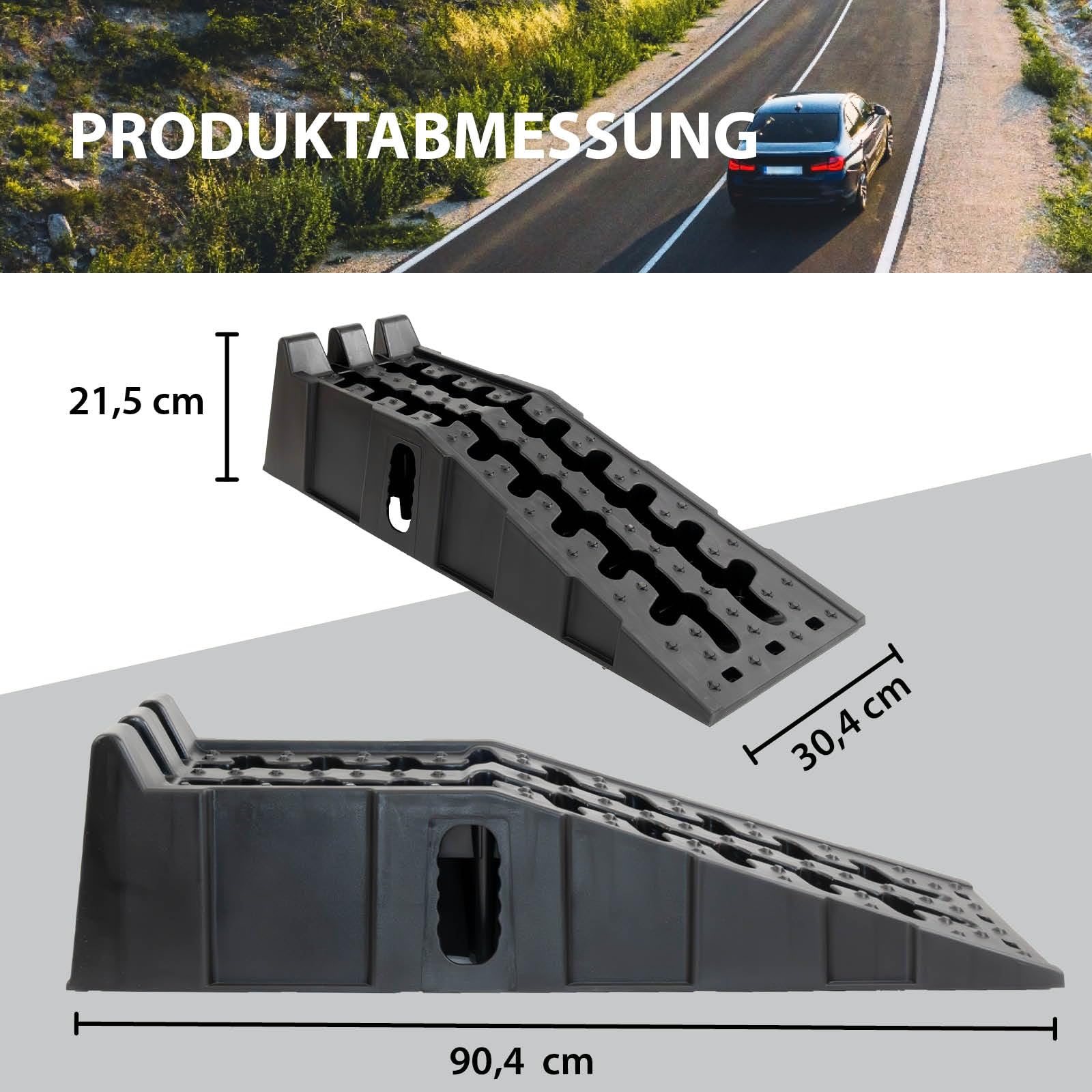 TRUTZHOLM 2 x Auffahrrampe Auffahrkeil mit Überfahrstopper 90 x 30 x 21,5 cm hochbelastbar 5t Traglast Kunststoff Stapelbar für Wohnmbil PKW SUV rutschfeste Rampe für jeden Untergrund schwarz