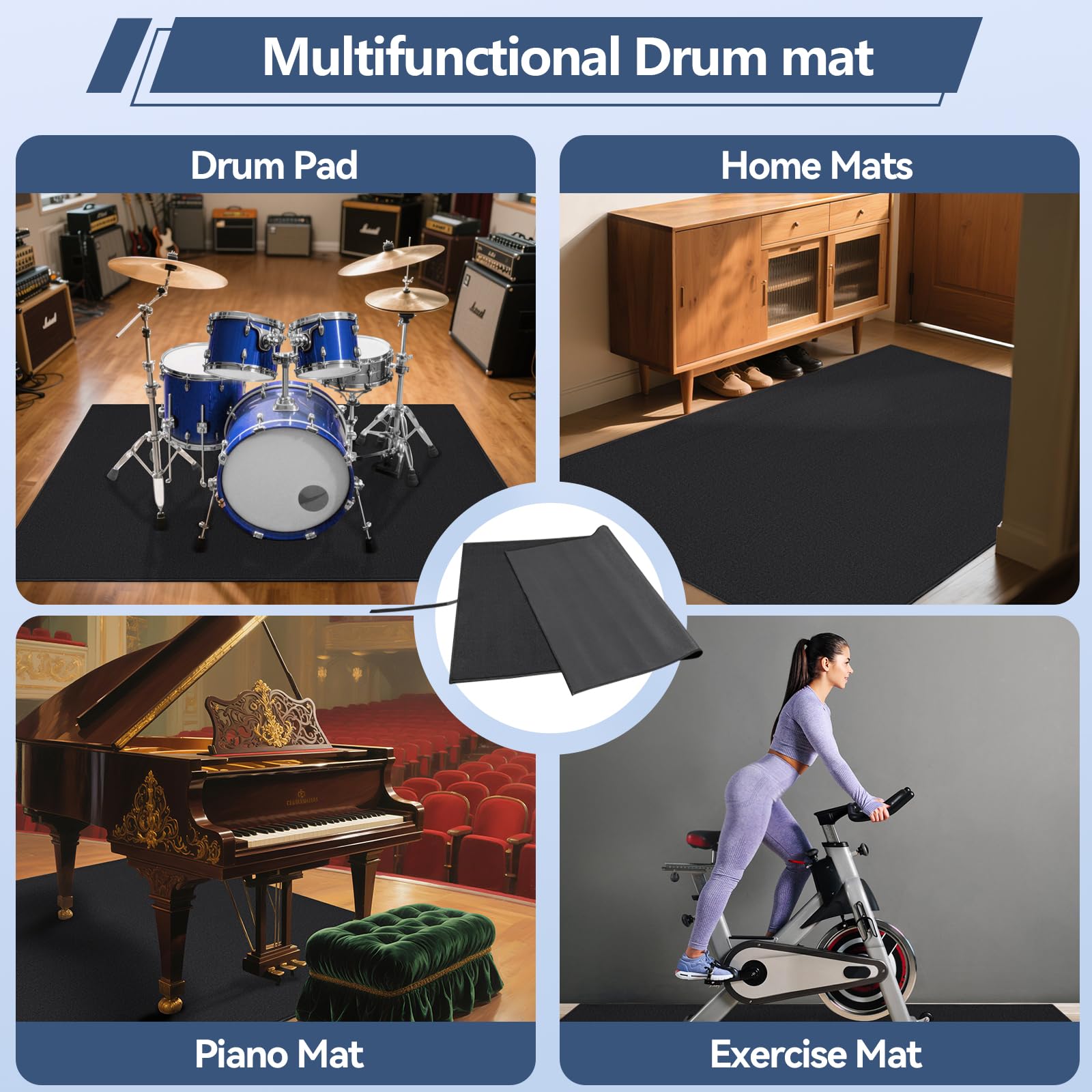 OUUTMEE Alfombra de batería de 120 x 180 cm, antideslizante, insonorizada, almohadilla de práctica electrónica profesional, para batería de jazz y otros instrumentos musicales (negro)