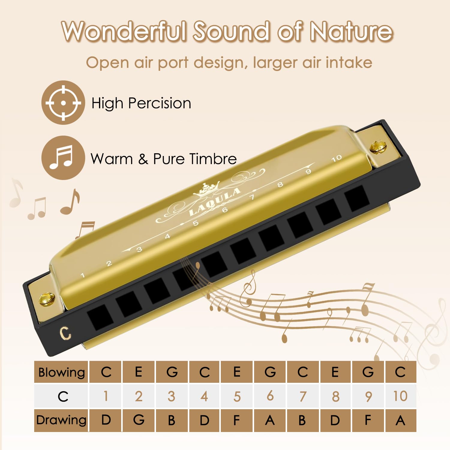 Armonica Blues Diatonica Chiave di C Arpa Armonica a Bocca 10 fori con Custodia Protettiva, Armonica Standard Regali per Adulti, Professionisti, Principianti e Studenti (Oro)