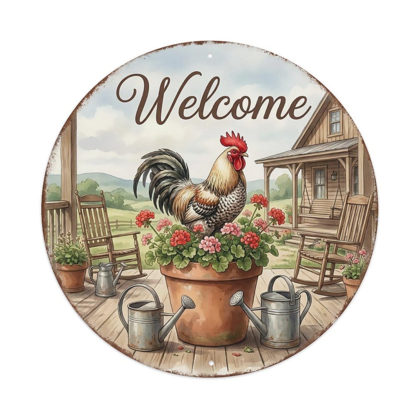 Welcome Rooster Farmhouse Porch Metal Tin Sign
