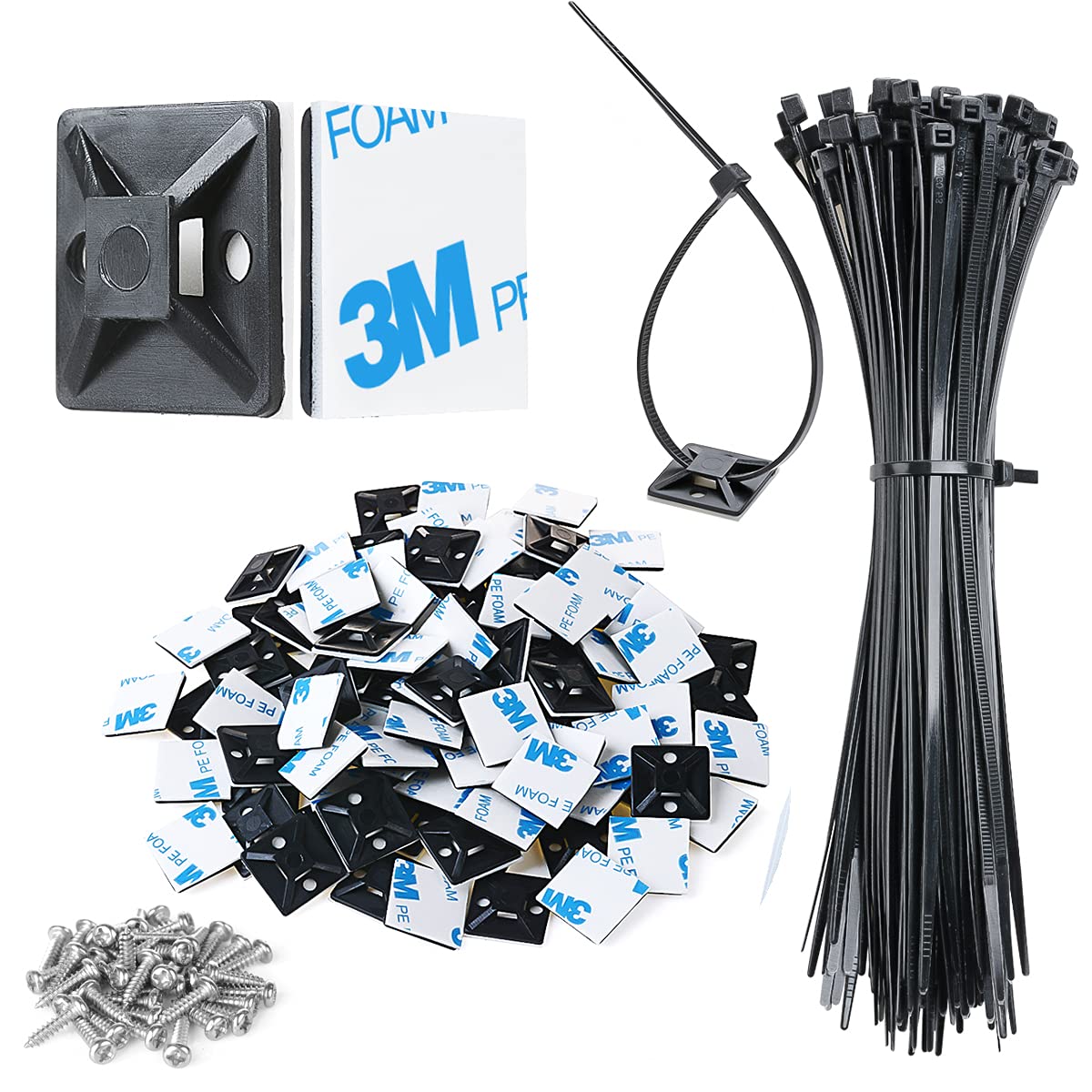 XHF 3 4 Strong Back-Glue Self Adhesive Black Cable Zip Tie Mounts 100pcs with 8 Zip Ties Screws
